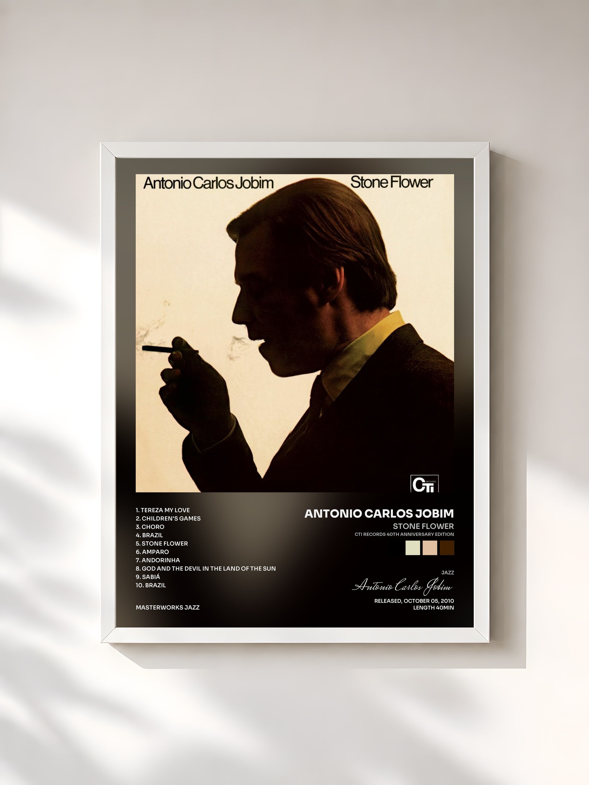 #blanc Tableau de l'album Stone Flower (CTI Records 40th Anniversary Edition) de Antonio Carlos Jobim, cadre blanc, imprimé et encadré en France