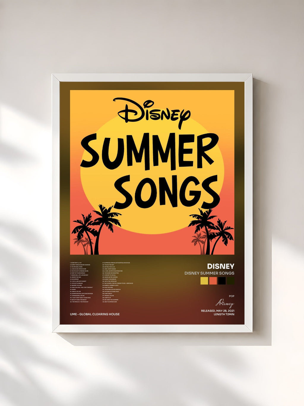 #blanc Tableau de l'album Disney Summer Songs de Disney, cadre blanc, imprimé et encadré en France