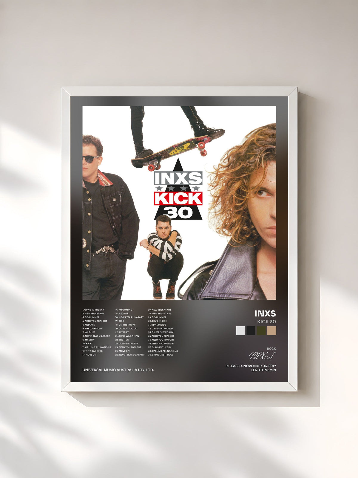#blanc Tableau de l'album Kick 30 de INXS, cadre blanc, imprimé et encadré en France