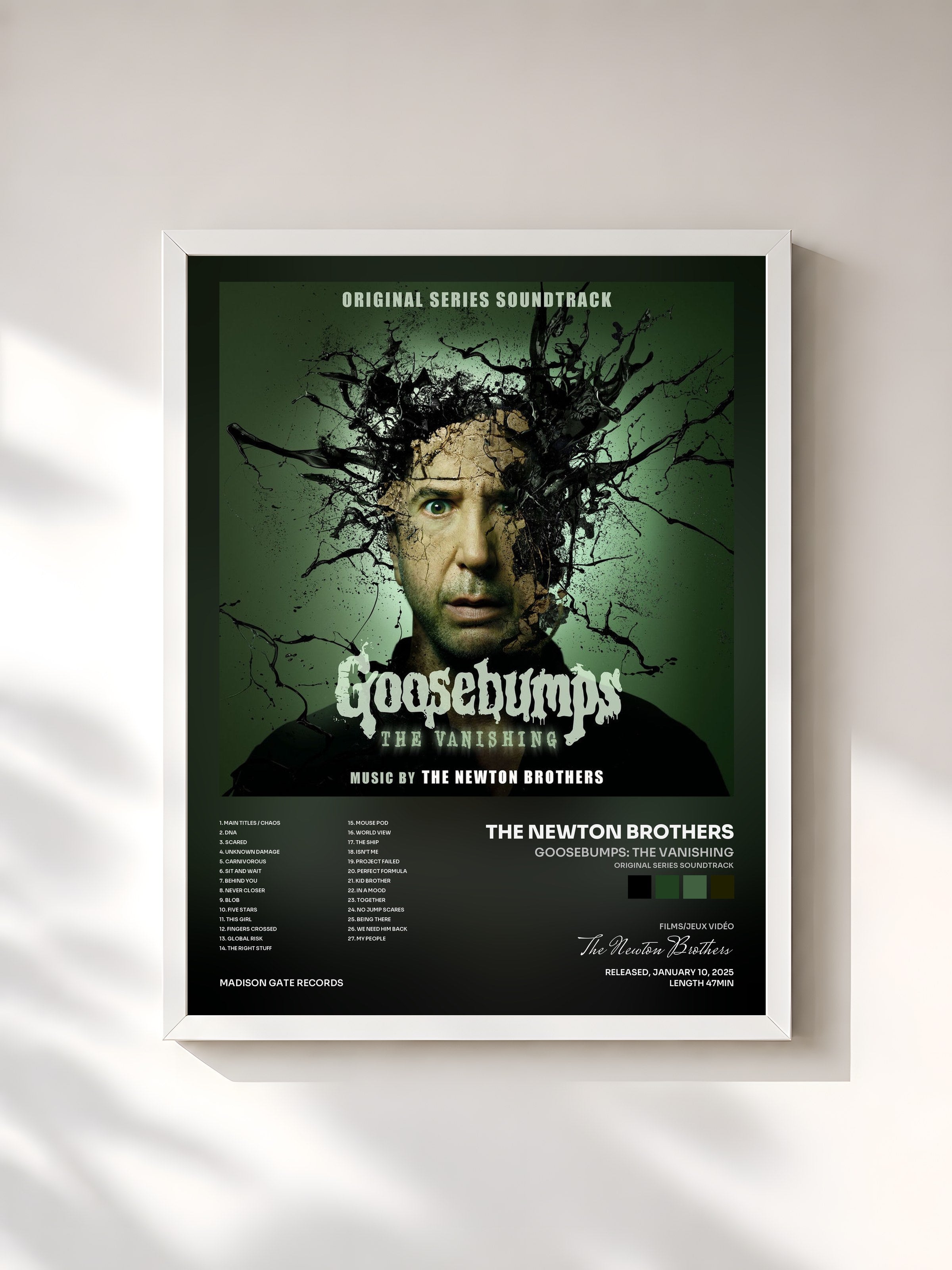 #blanc Tableau de l'album Goosebumps: The Vanishing (Original Series Soundtrack) de The Newton Brothers, cadre blanc, imprimé et encadré en France