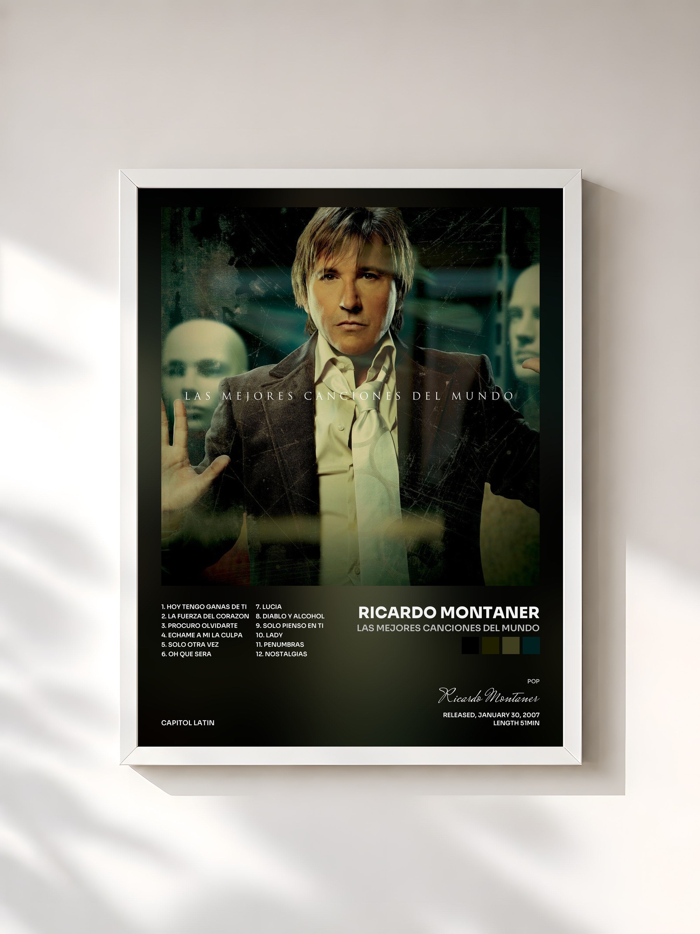 #blanc Tableau de l'album Las Mejores Canciones Del Mundo de Ricardo Montaner, cadre blanc, imprimé et encadré en France