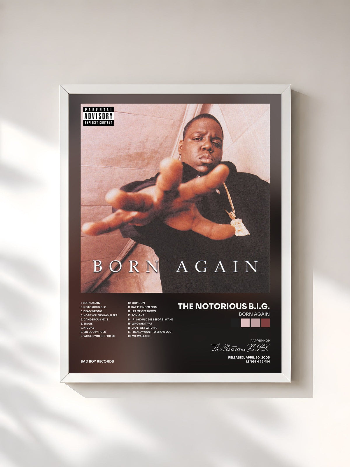 #blanc Tableau de l'album Born Again de The Notorious B.I.G., cadre blanc, imprimé et encadré en France