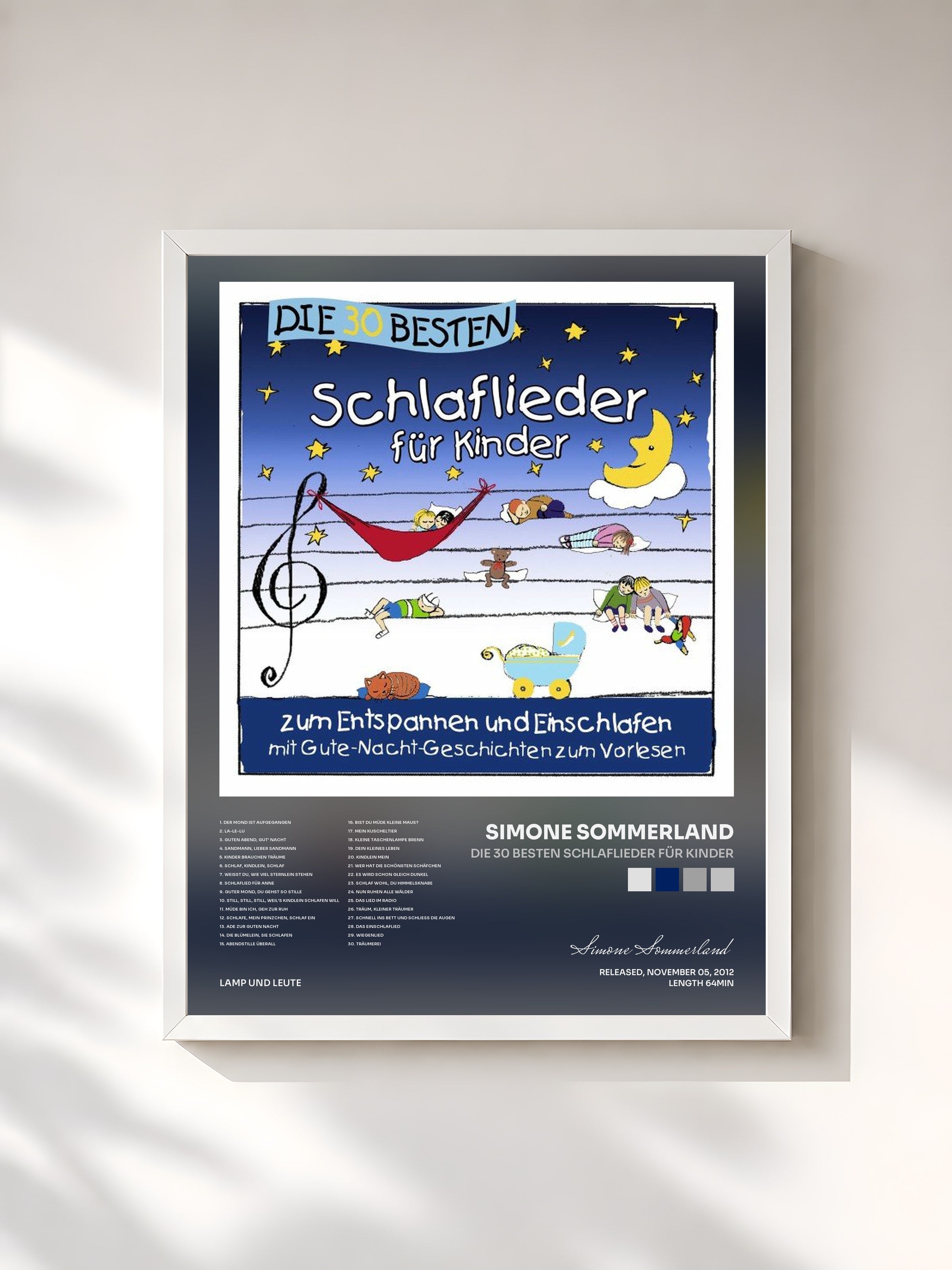 #blanc Tableau de l'album Die 30 besten Schlaflieder für Kinder de Simone Sommerland, cadre blanc, imprimé et encadré en France