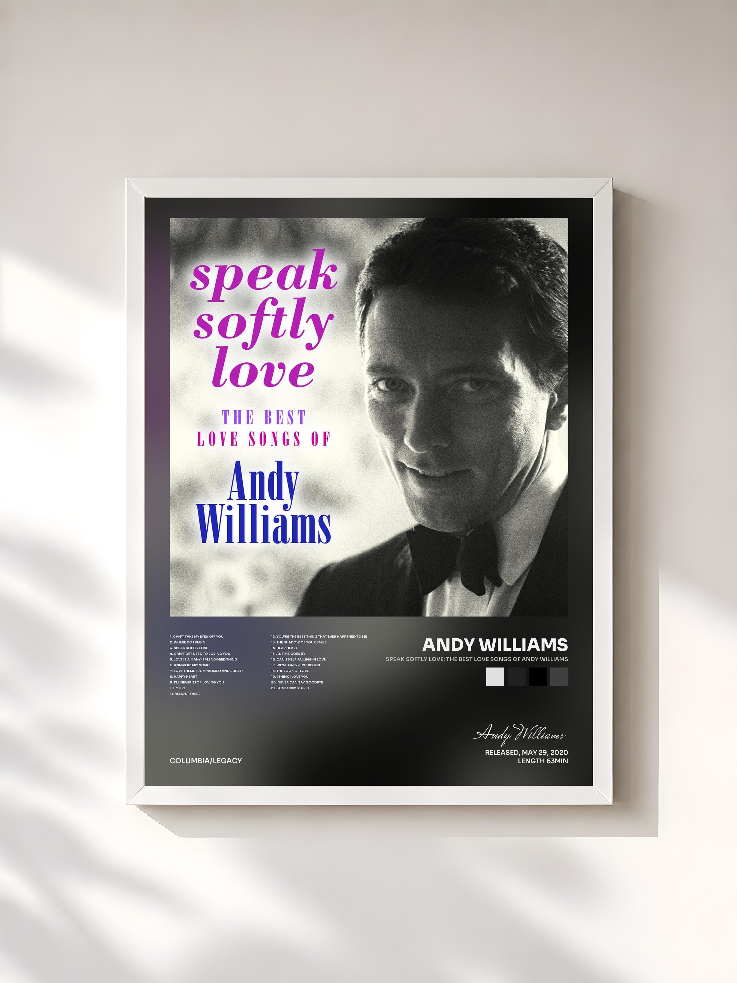 #blanc Tableau de l'album Speak Softly Love: The Best Love Songs of Andy Williams de Andy Williams, cadre blanc, imprimé et encadré en France
