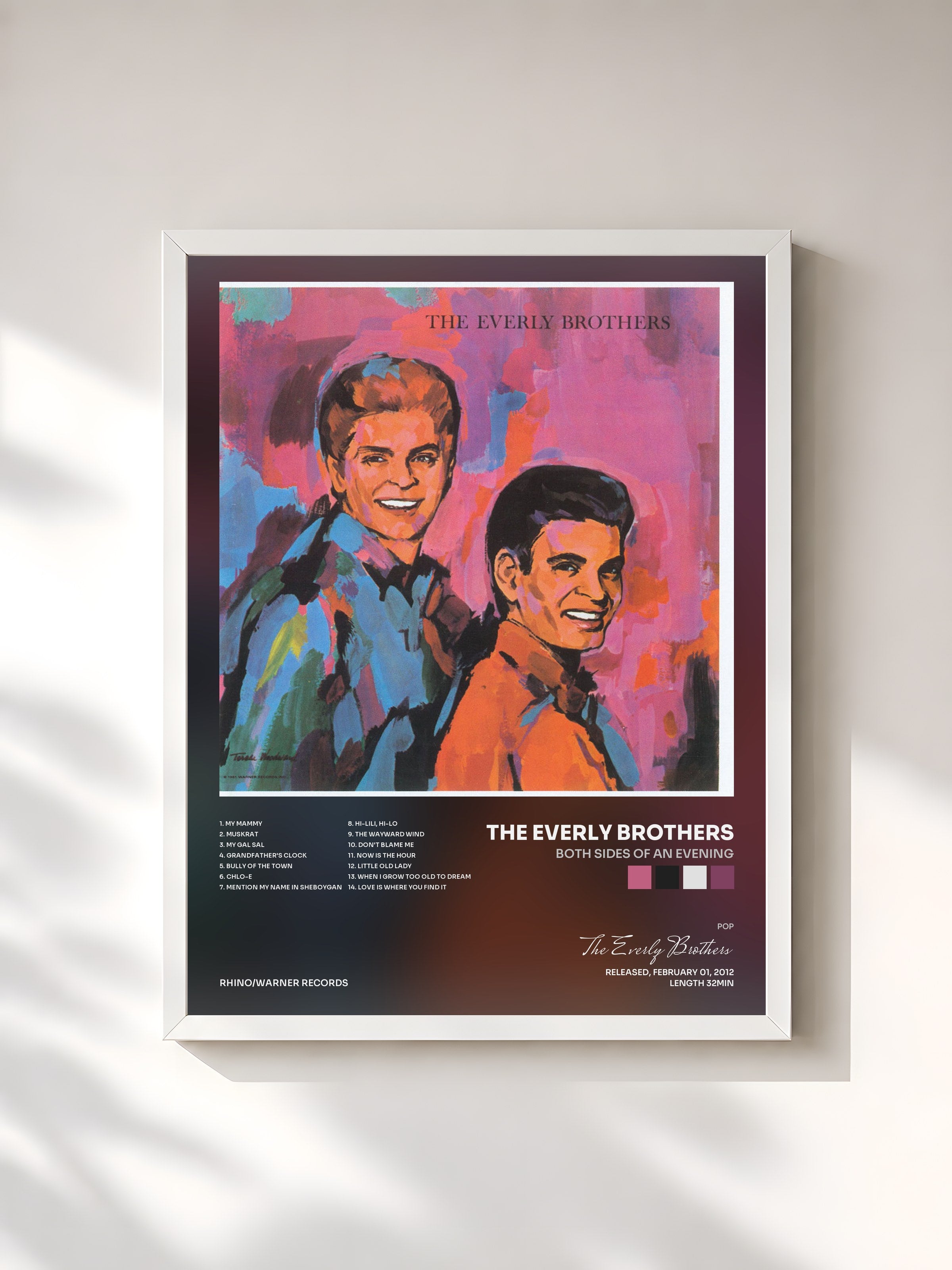 #blanc Tableau de l'album Both Sides of an Evening de The Everly Brothers, cadre blanc, imprimé et encadré en France
