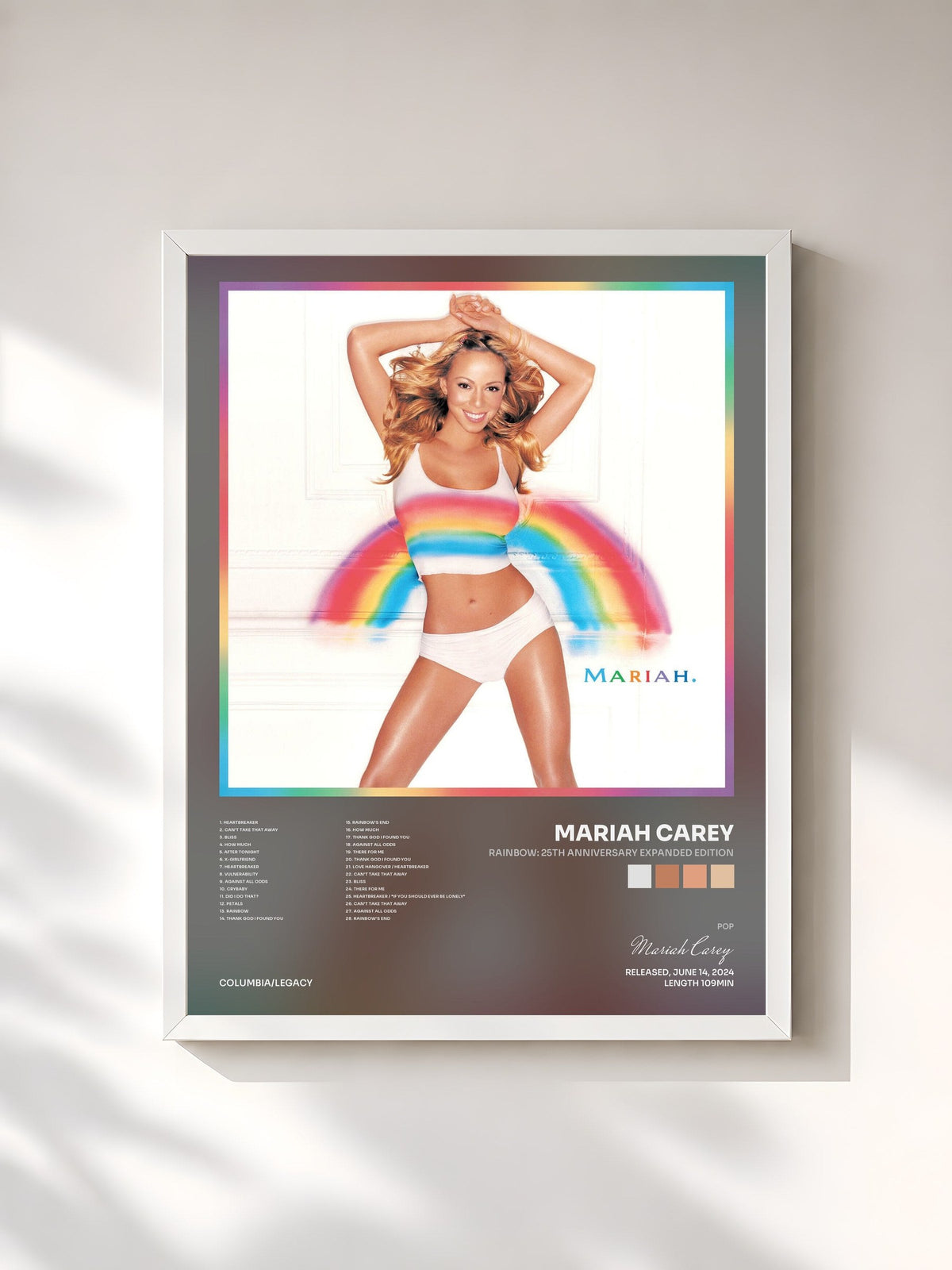 #blanc Tableau de l'album Rainbow: 25th Anniversary Expanded Edition de Mariah Carey, cadre blanc, imprimé et encadré en France
