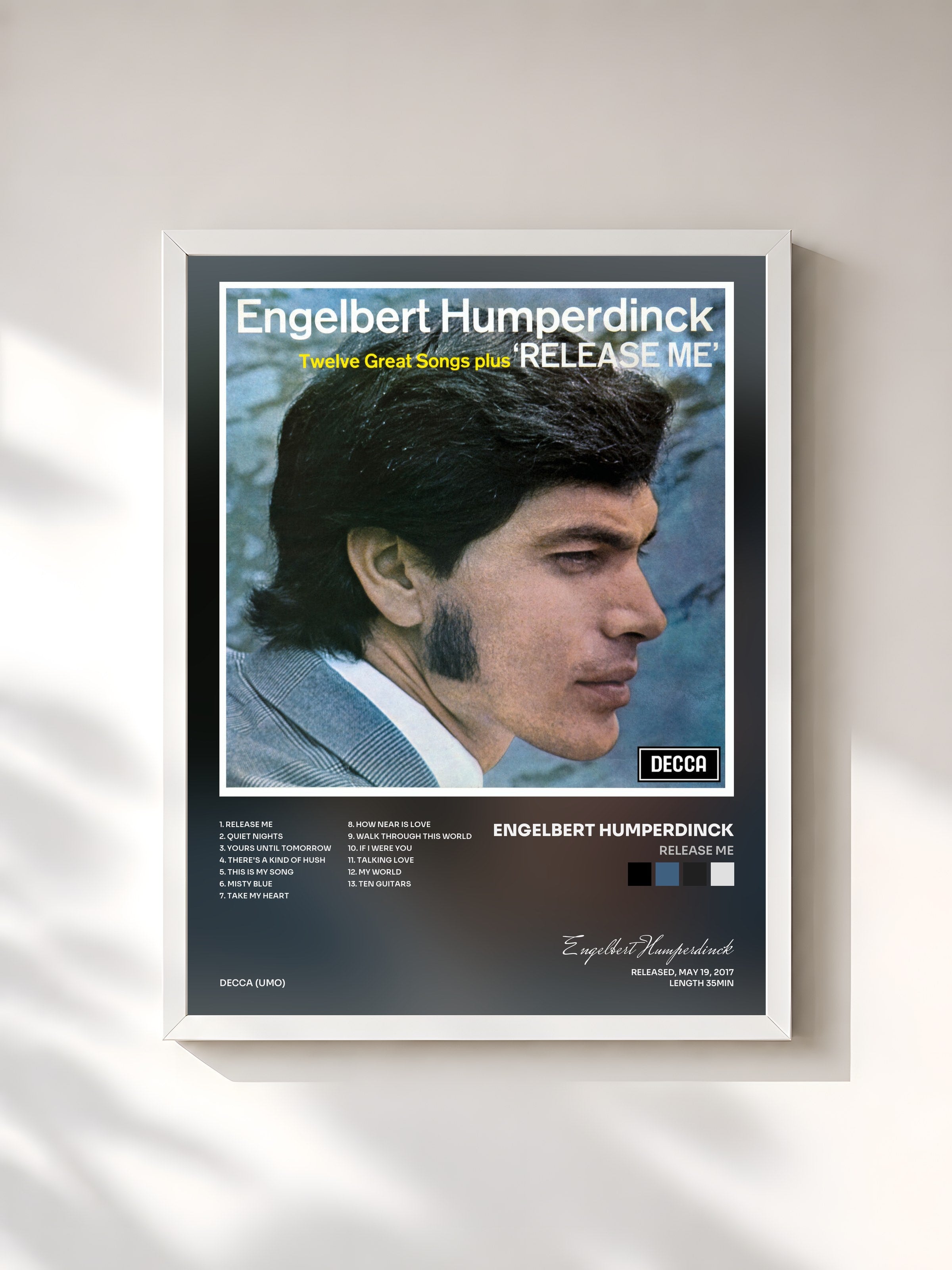 #blanc Tableau de l'album Release Me de Engelbert Humperdinck, cadre blanc, imprimé et encadré en France