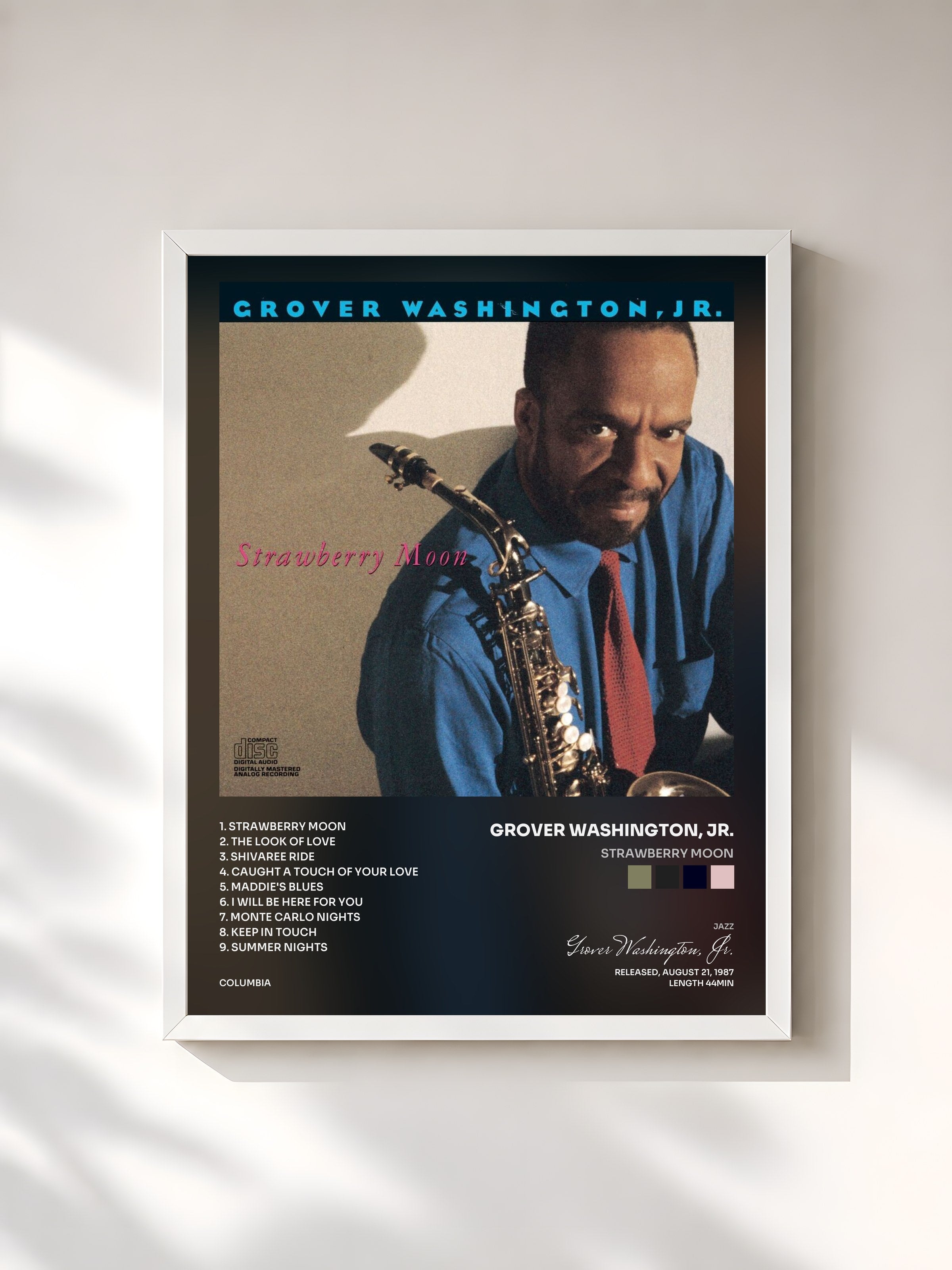 #blanc Tableau de l'album Strawberry Moon de Grover Washington, Jr., cadre blanc, imprimé et encadré en France