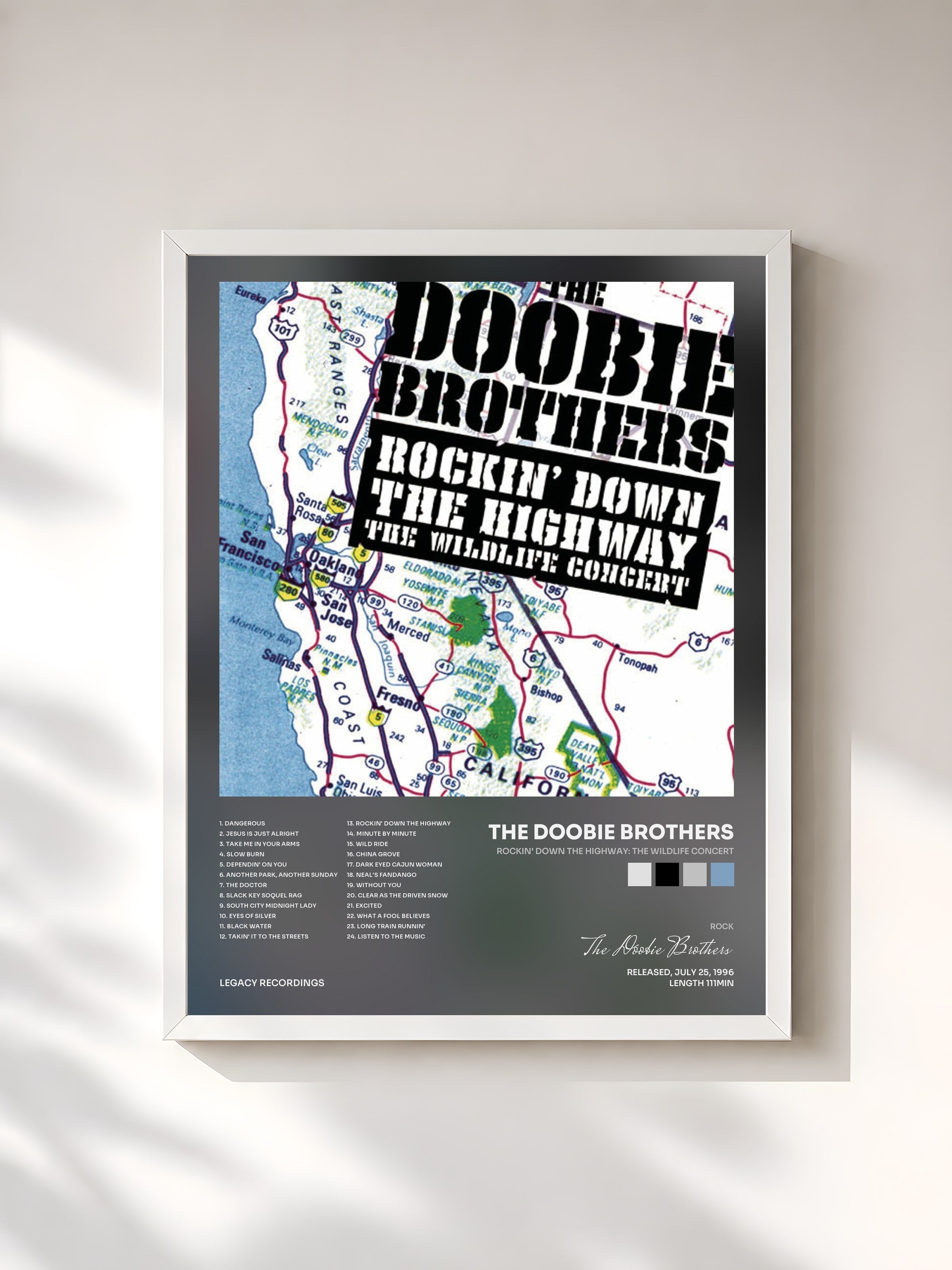 #blanc Tableau de l'album Rockin' Down The Highway: The Wildlife Concert de The Doobie Brothers, cadre blanc, imprimé et encadré en France