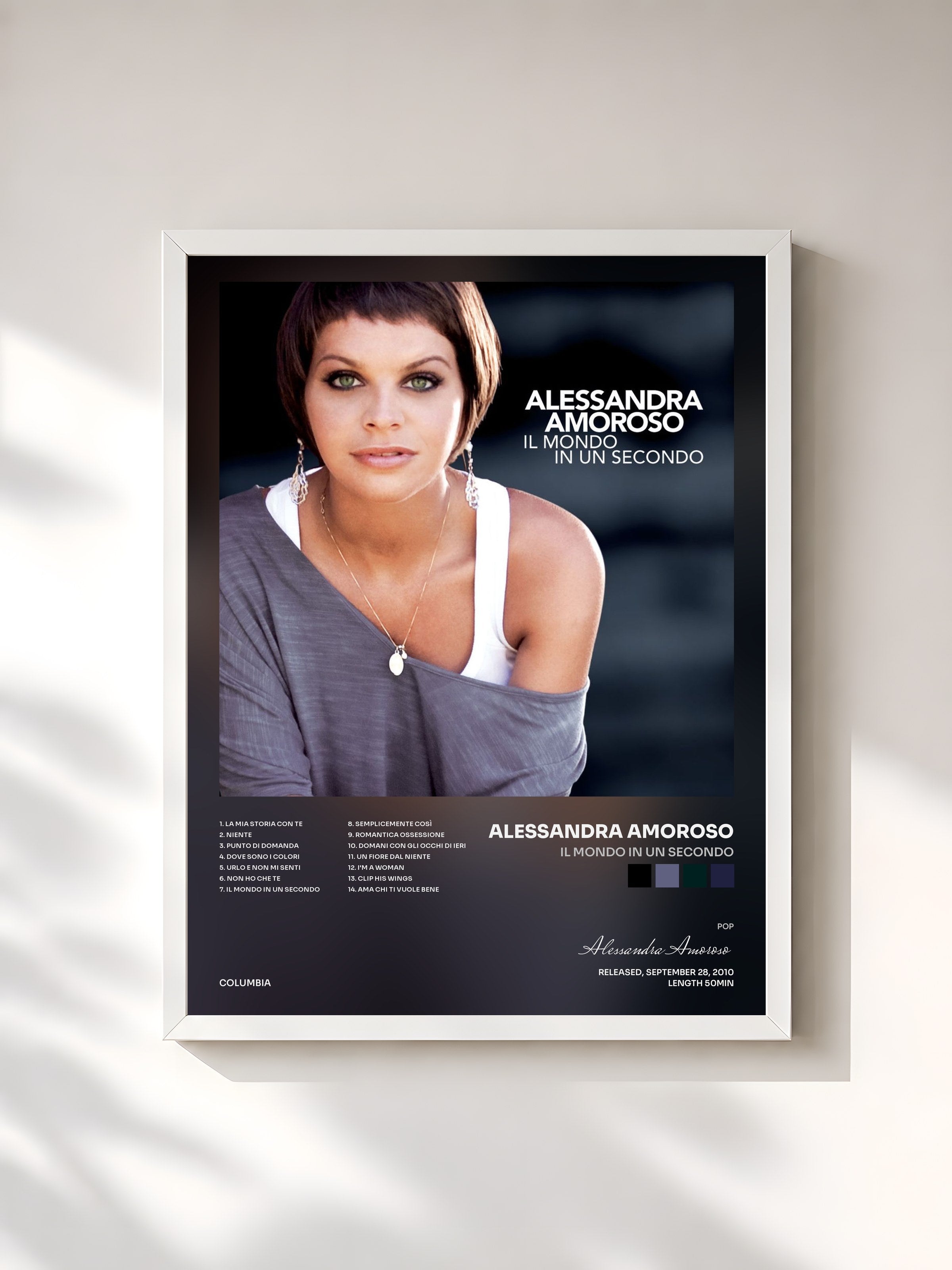 #blanc Tableau de l'album Il Mondo In Un Secondo de Alessandra Amoroso, cadre blanc, imprimé et encadré en France