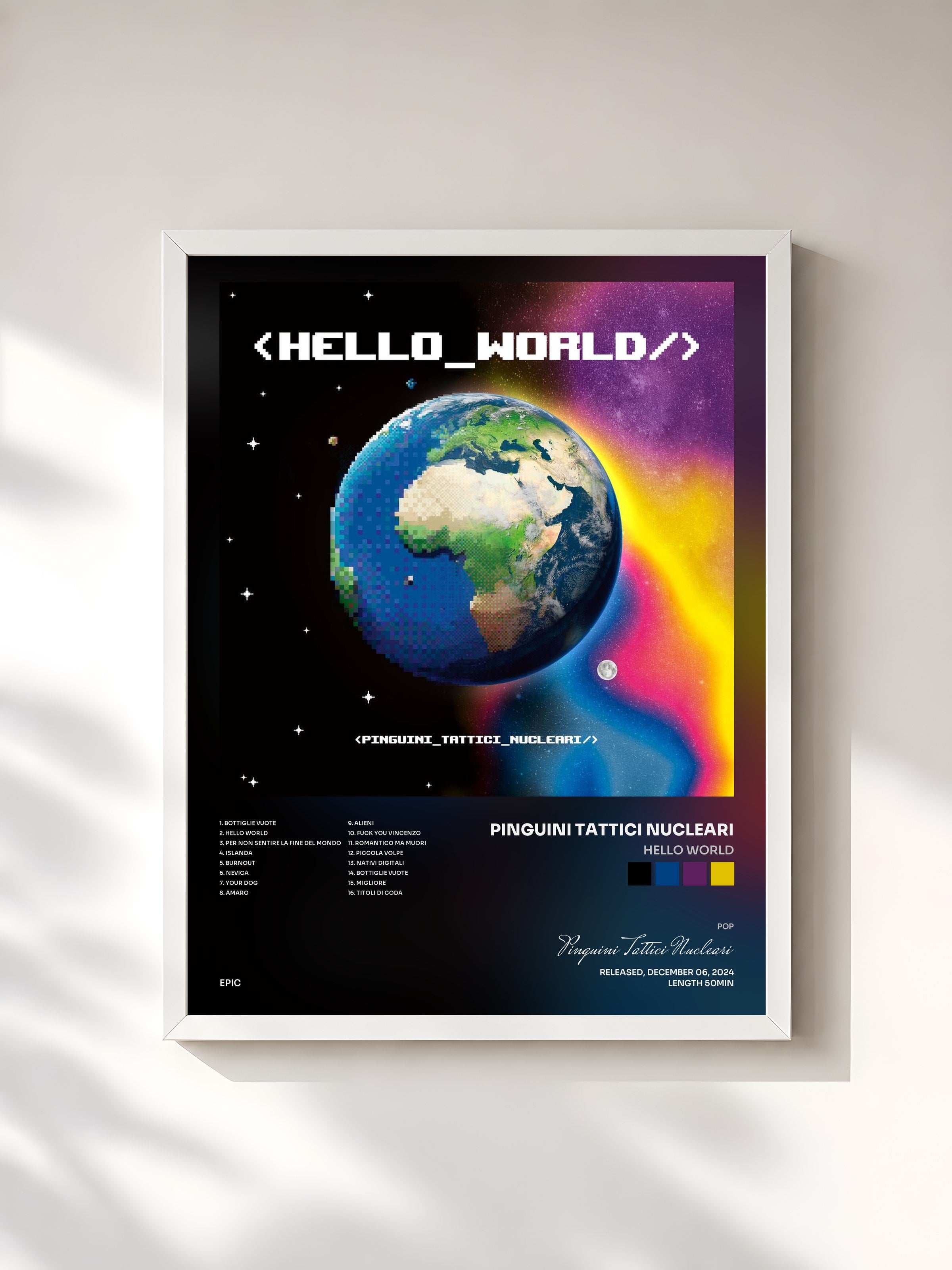 #blanc Tableau de l'album Hello World de Pinguini Tattici Nucleari, cadre blanc, imprimé et encadré en France