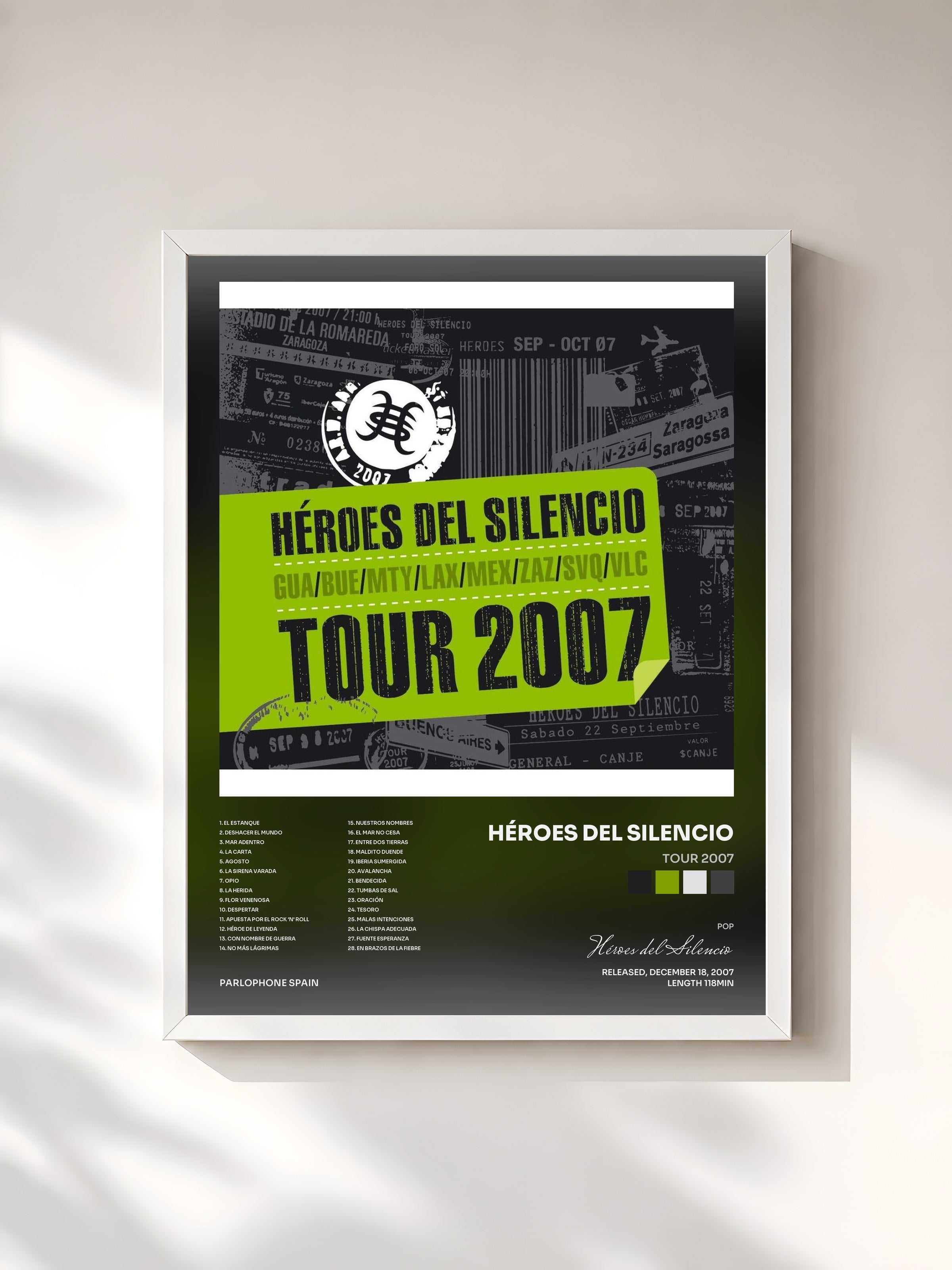#blanc Tableau de l'album Tour 2007 de Héroes del Silencio, cadre blanc, imprimé et encadré en France