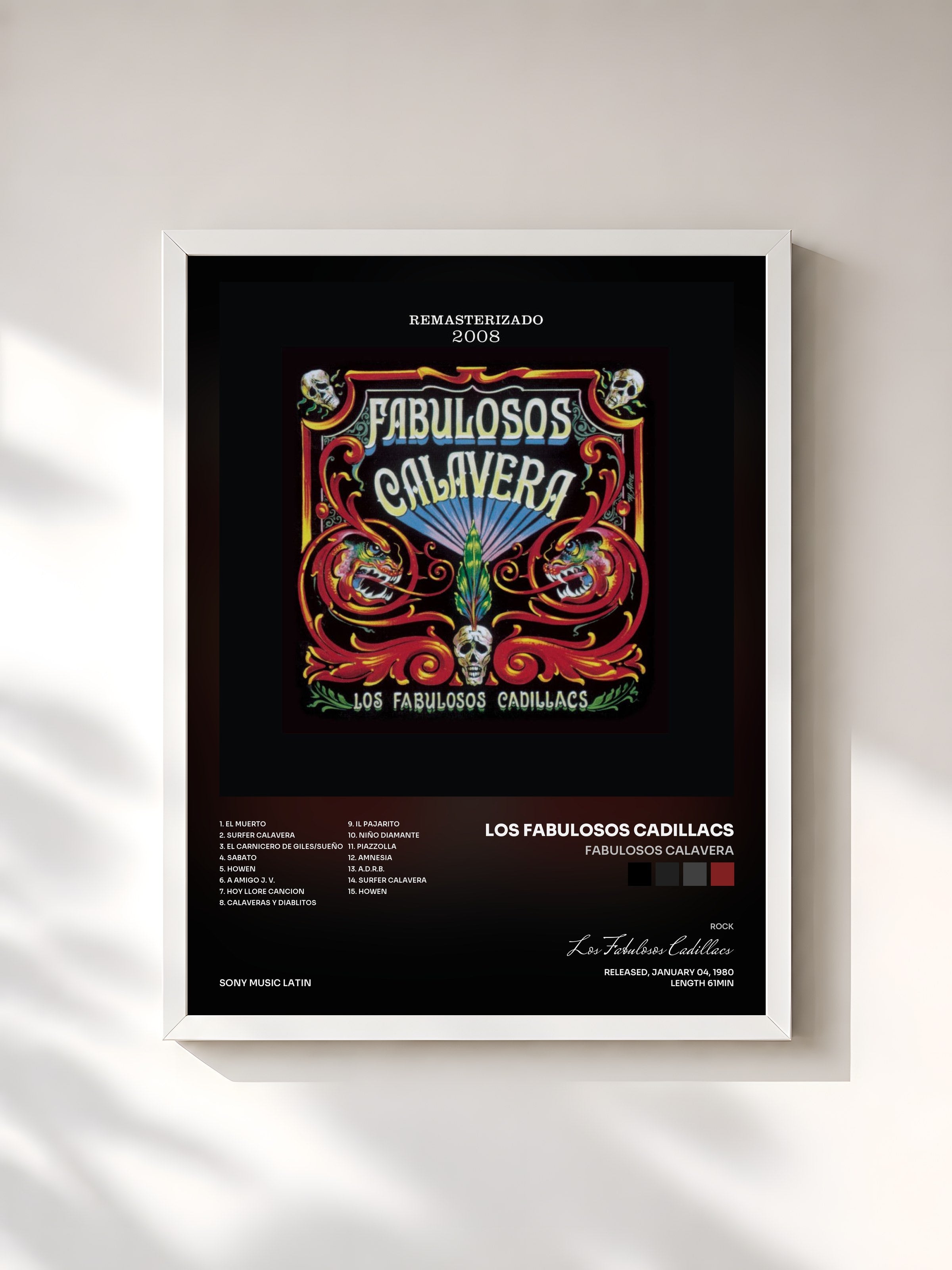#blanc Tableau de l'album Fabulosos Calavera de Los Fabulosos Cadillacs, cadre blanc, imprimé et encadré en France