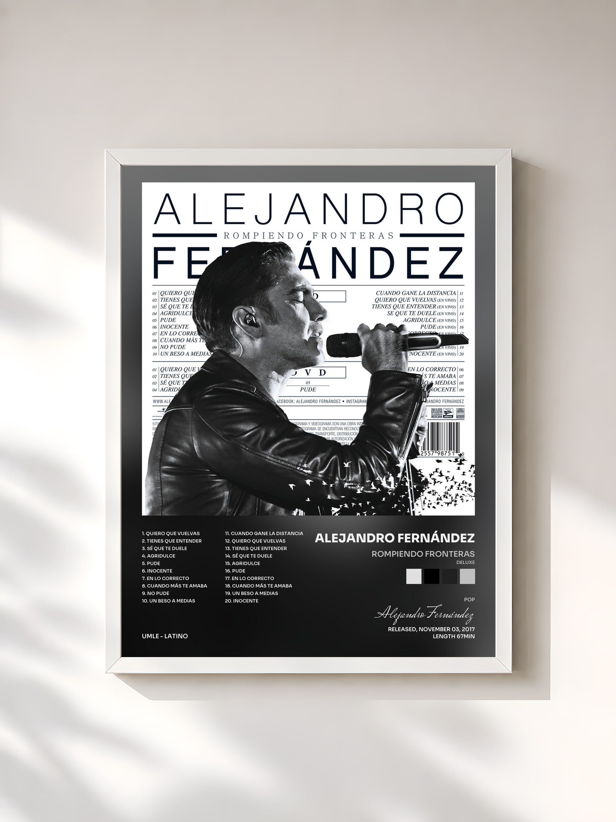 #blanc Tableau de l'album Rompiendo Fronteras (Deluxe) de Alejandro Fernández, cadre blanc, imprimé et encadré en France