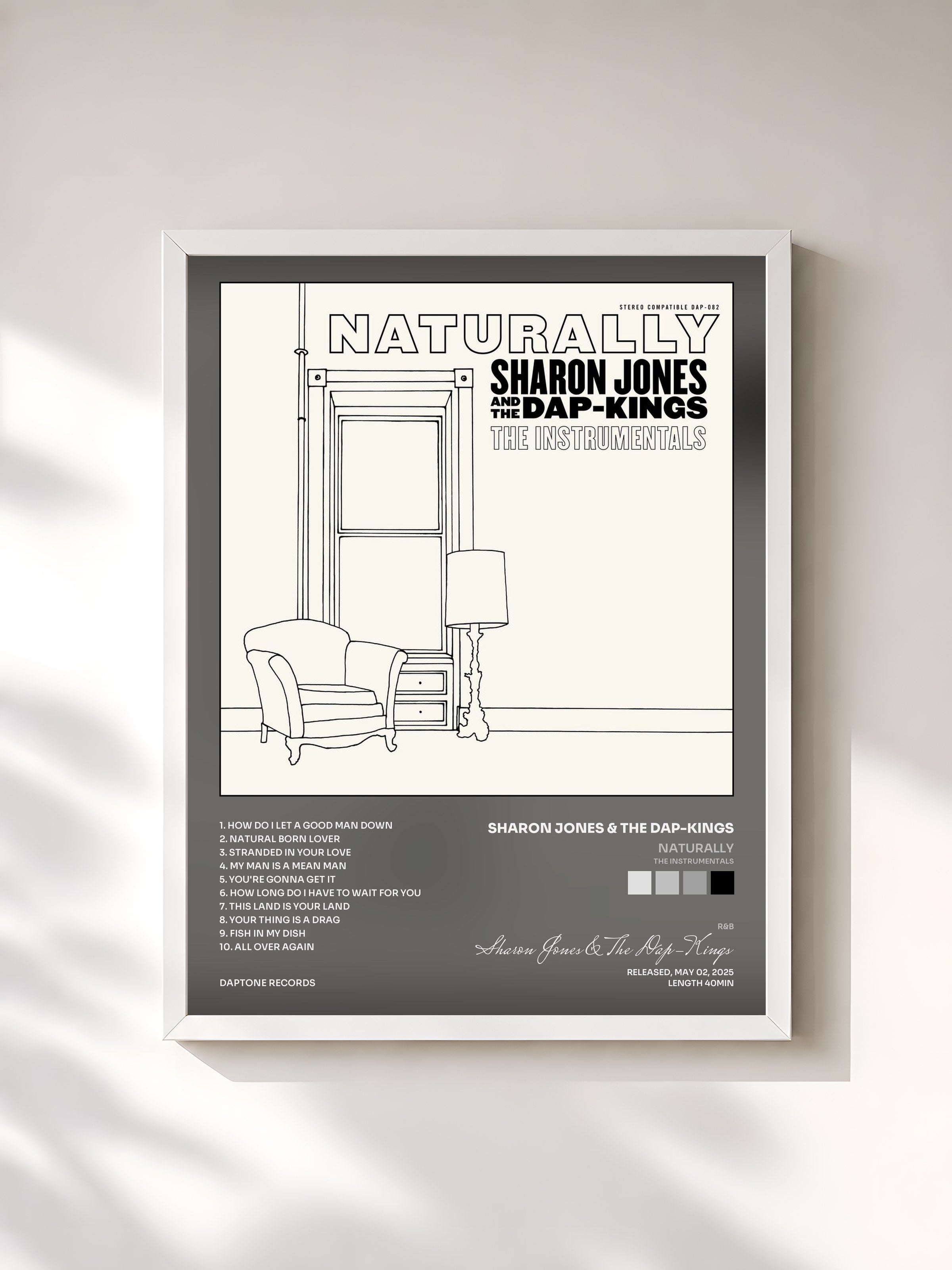 #blanc Tableau de l'album Naturally (The Instrumentals) de Sharon Jones & The Dap-Kings, cadre blanc, imprimé et encadré en France