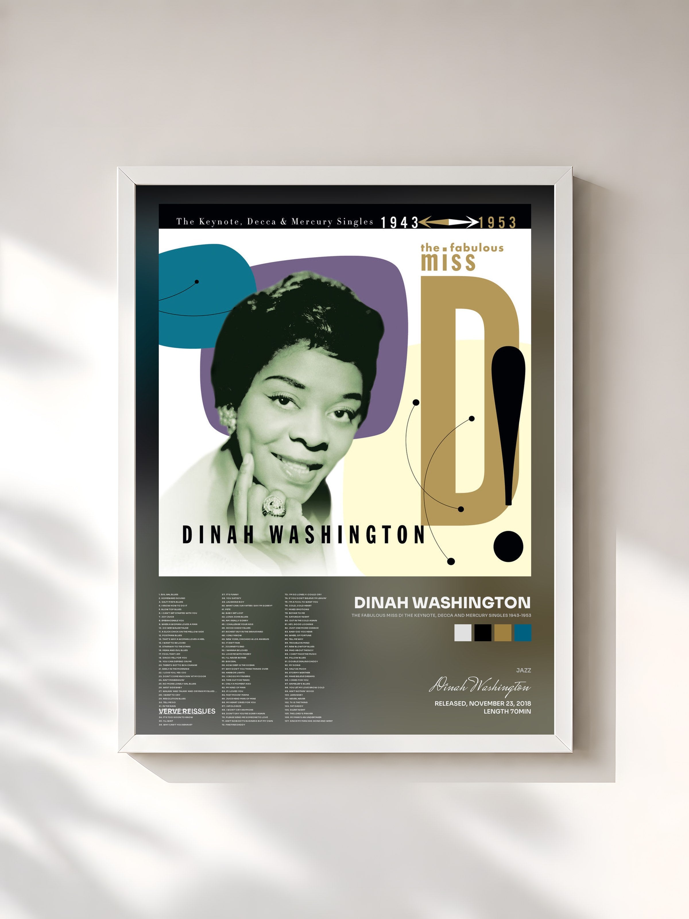 #blanc Tableau de l'album The Fabulous Miss D! The Keynote, Decca And Mercury Singles 1943-1953 de Dinah Washington, cadre blanc, imprimé et encadré en France