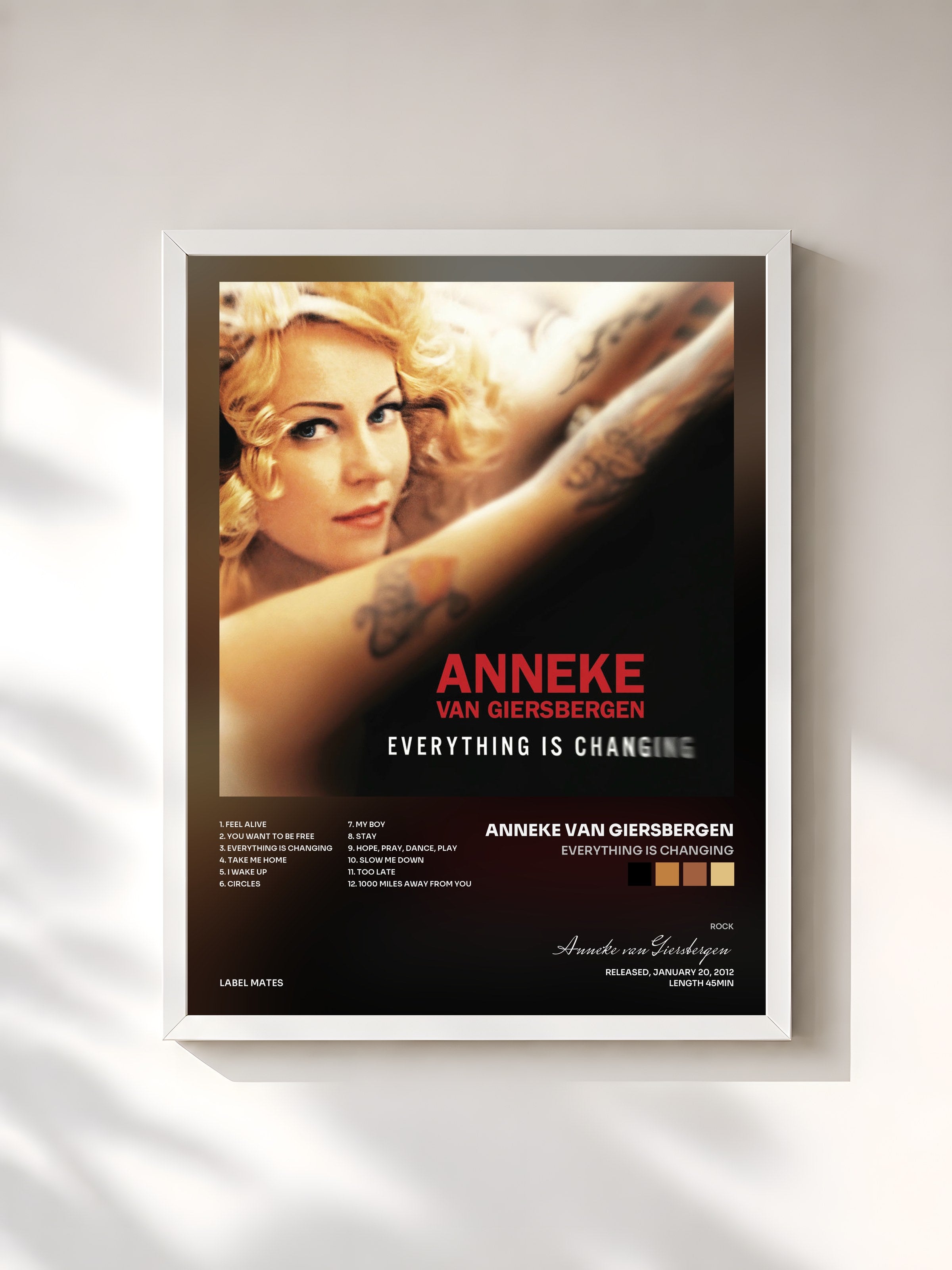 #blanc Tableau de l'album Everything Is Changing de Anneke van Giersbergen, cadre blanc, imprimé et encadré en France