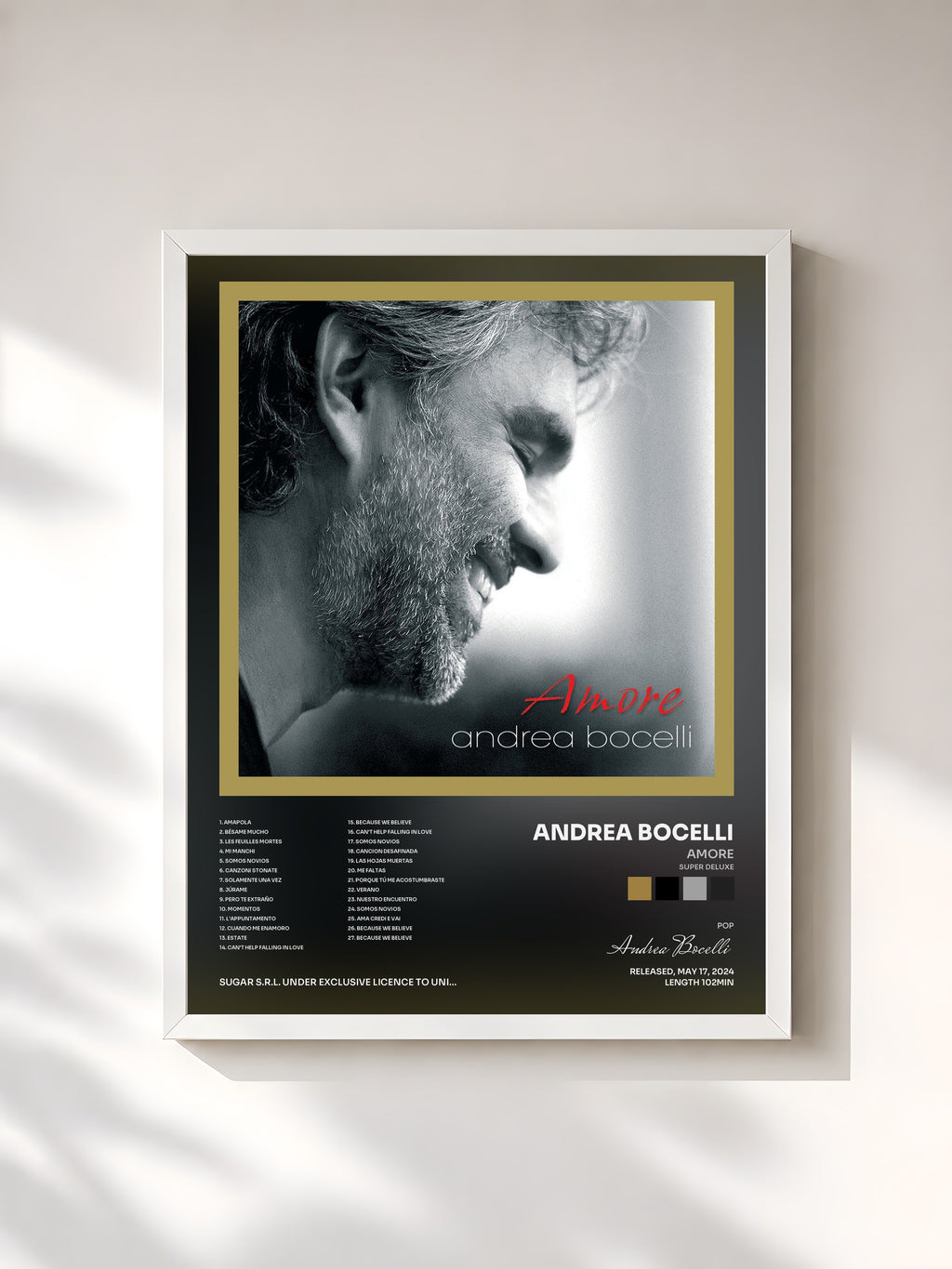 #blanc Tableau de l'album Amore (Super Deluxe) de Andrea Bocelli, cadre blanc, imprimé et encadré en France