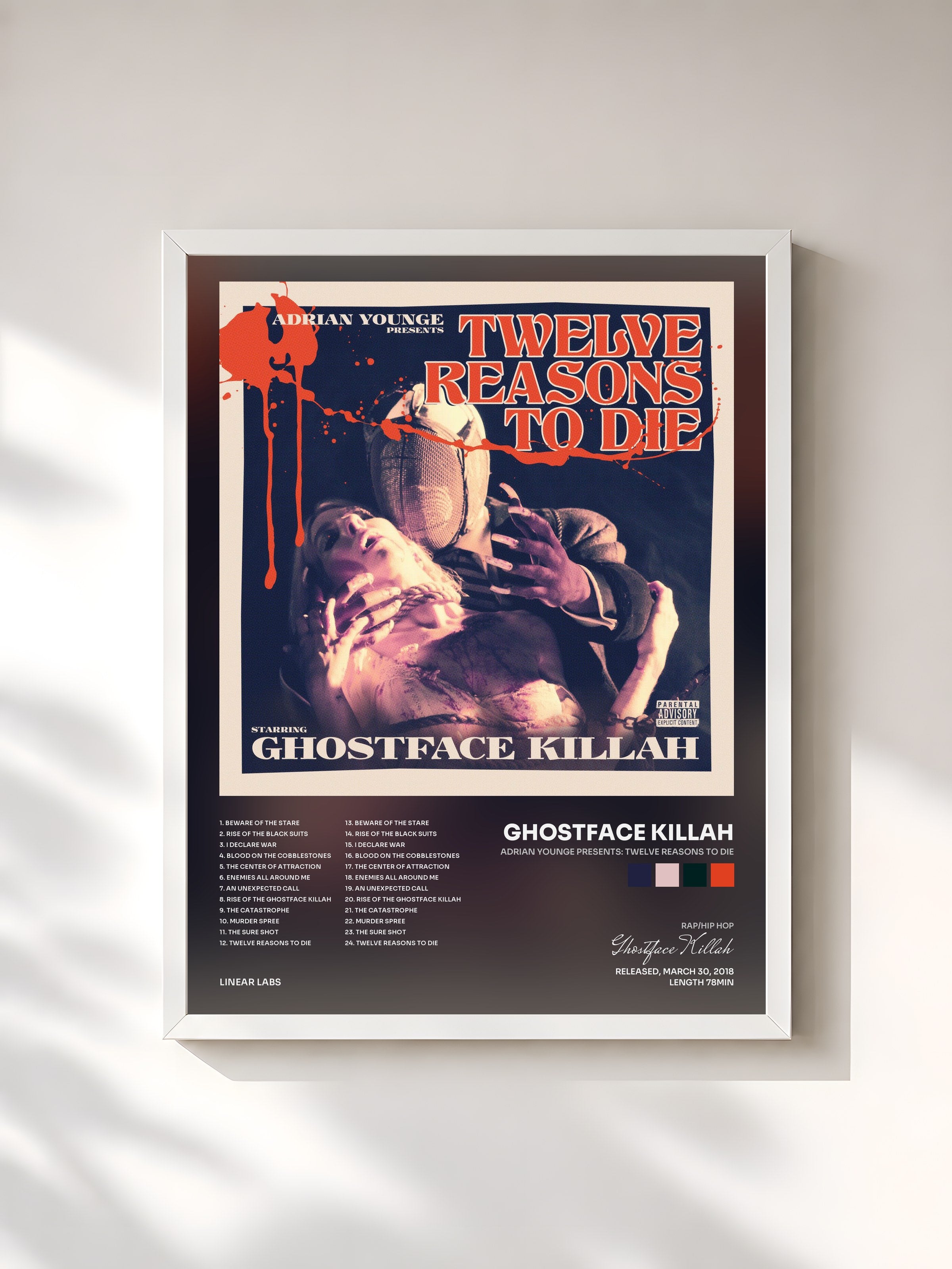 #blanc Tableau de l'album Adrian Younge Presents: Twelve Reasons To Die de Ghostface Killah, cadre blanc, imprimé et encadré en France