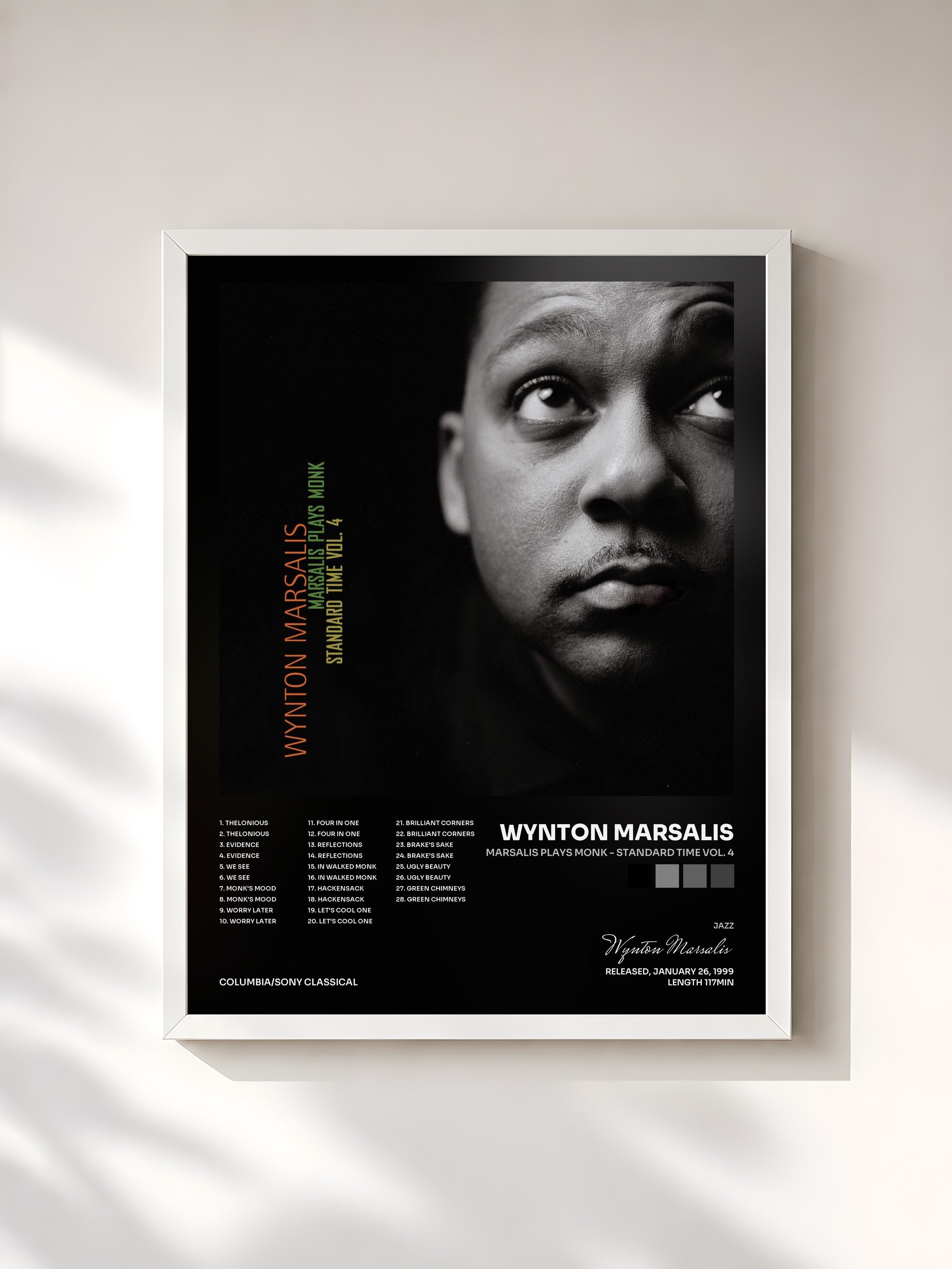 #blanc Tableau de l'album Marsalis Plays Monk - Standard Time Vol. 4 de Wynton Marsalis, cadre blanc, imprimé et encadré en France
