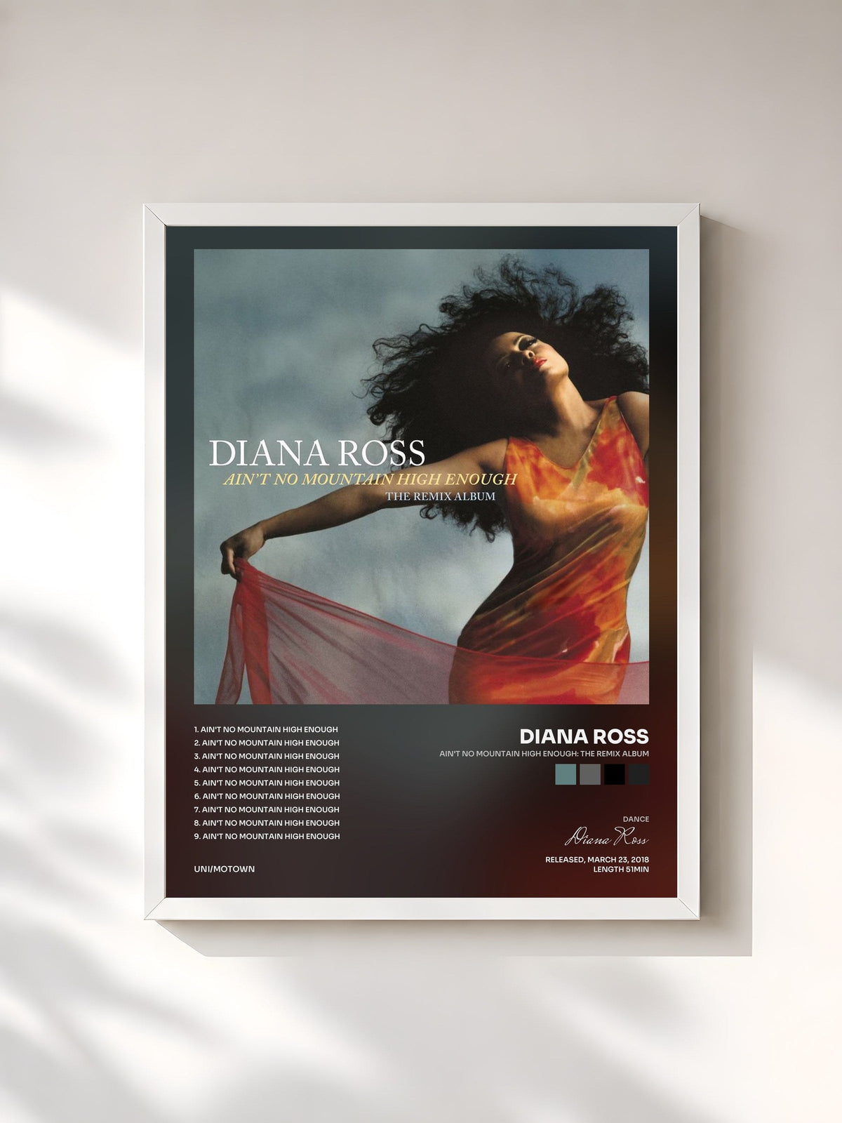 #blanc Tableau de l'album Ain't No Mountain High Enough: The Remix Album de Diana Ross, cadre blanc, imprimé et encadré en France