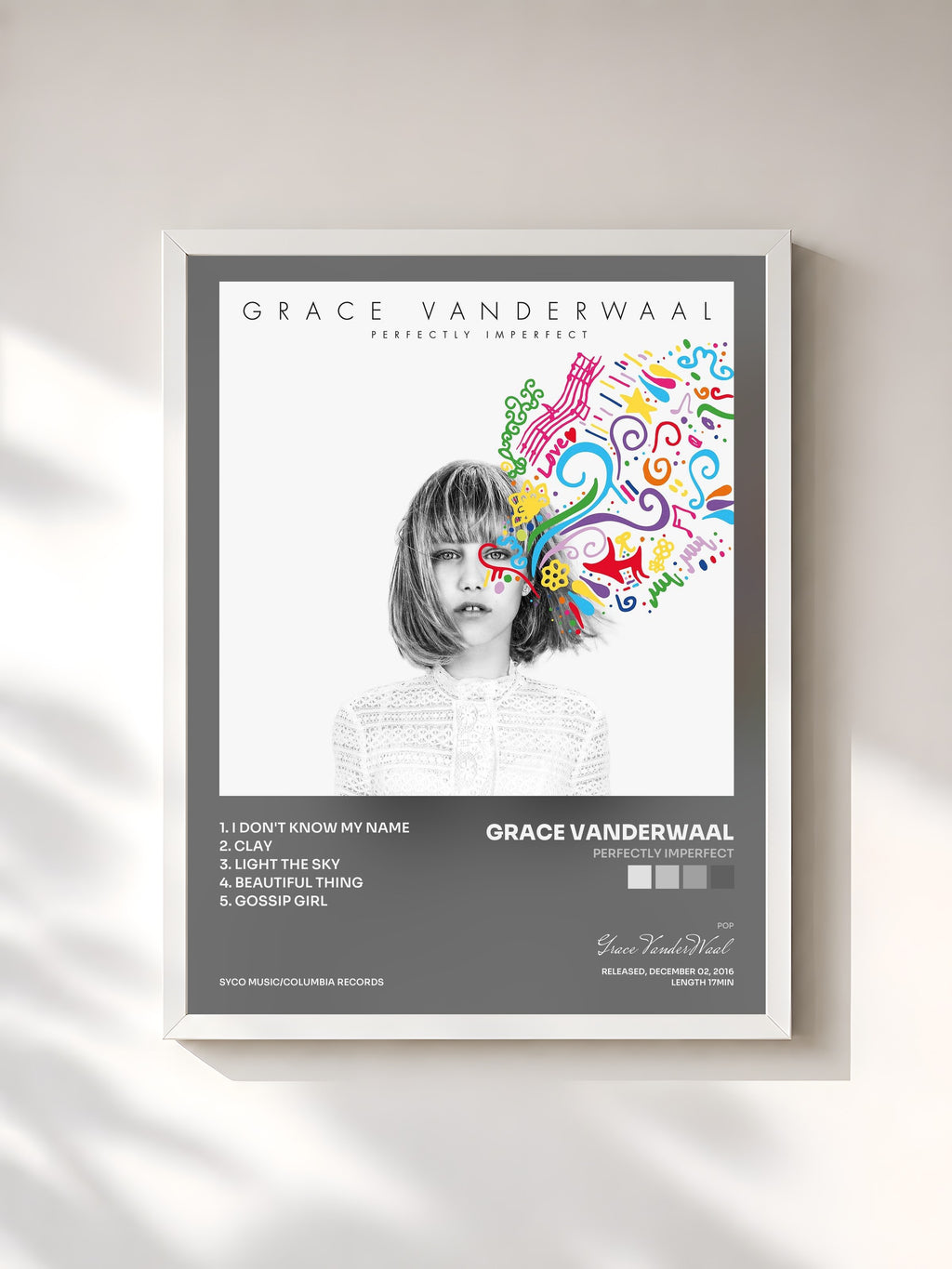 #blanc Tableau de l'album Perfectly Imperfect de Grace VanderWaal, cadre blanc, imprimé et encadré en France