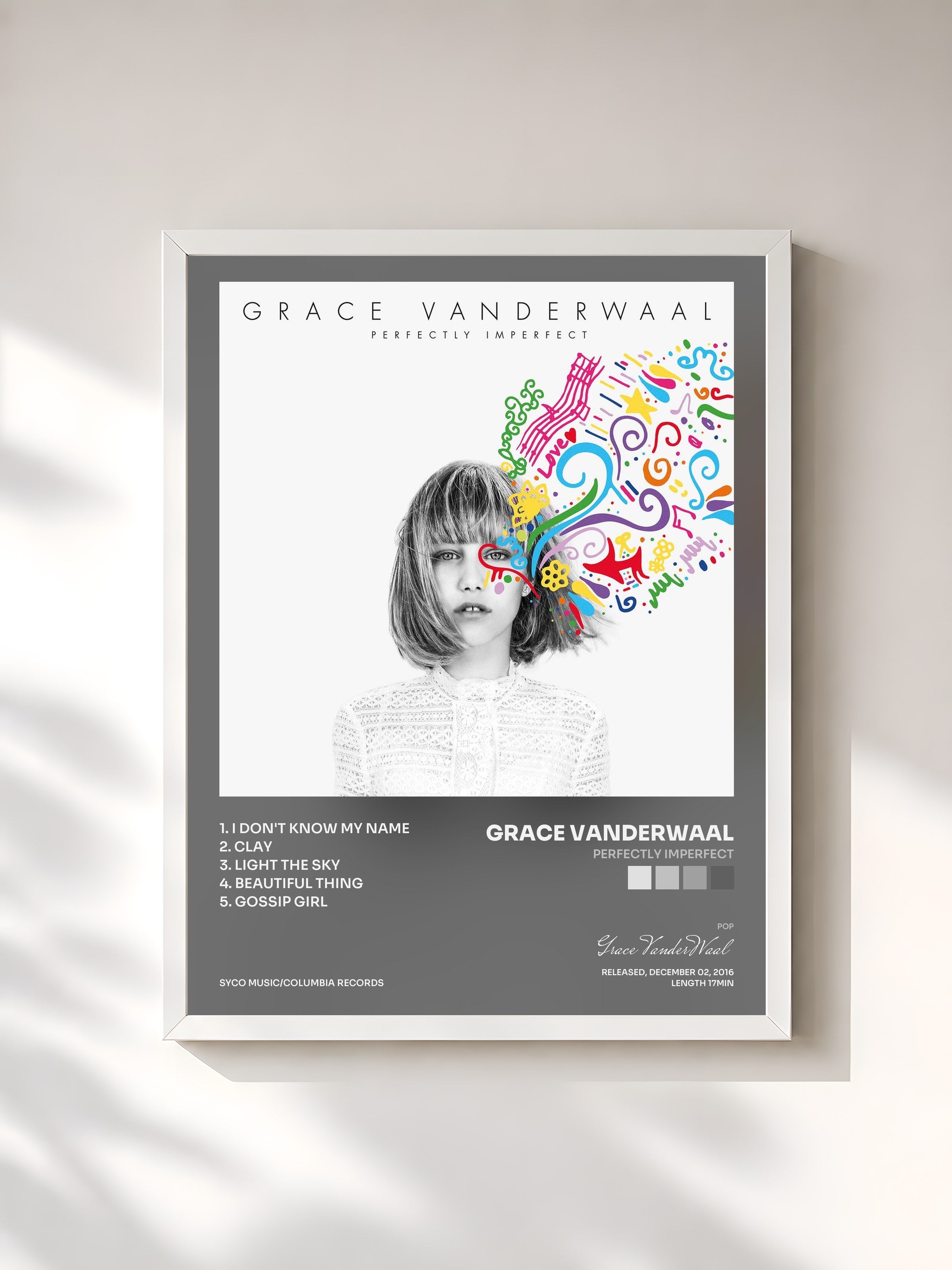 #blanc Tableau de l'album Perfectly Imperfect de Grace VanderWaal, cadre blanc, imprimé et encadré en France
