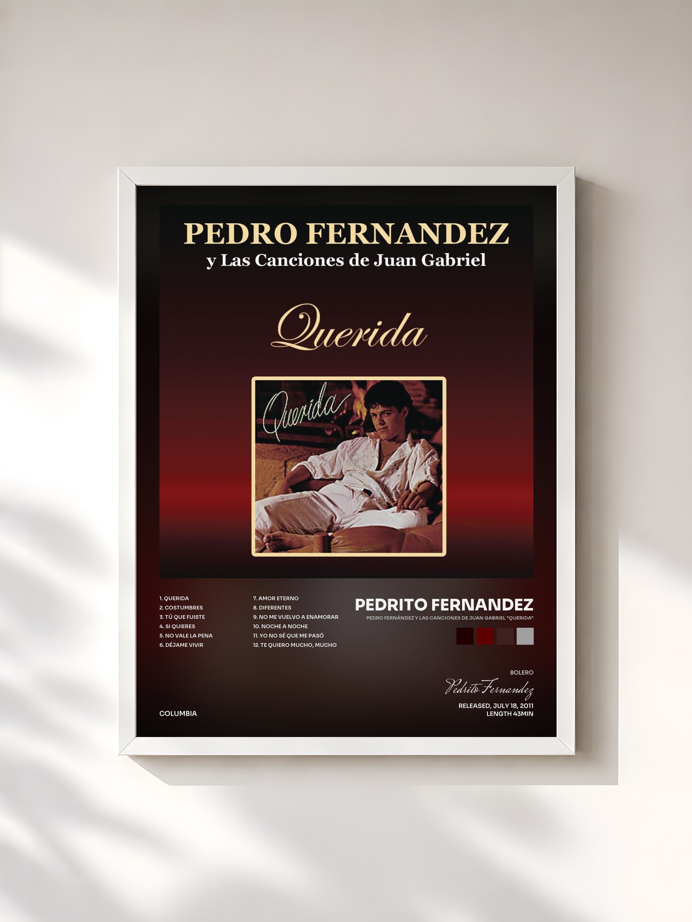 #blanc Tableau de l'album Pedro Fernández Y Las Canciones de Juan Gabriel "Querida" de Pedrito Fernandez, cadre blanc, imprimé et encadré en France