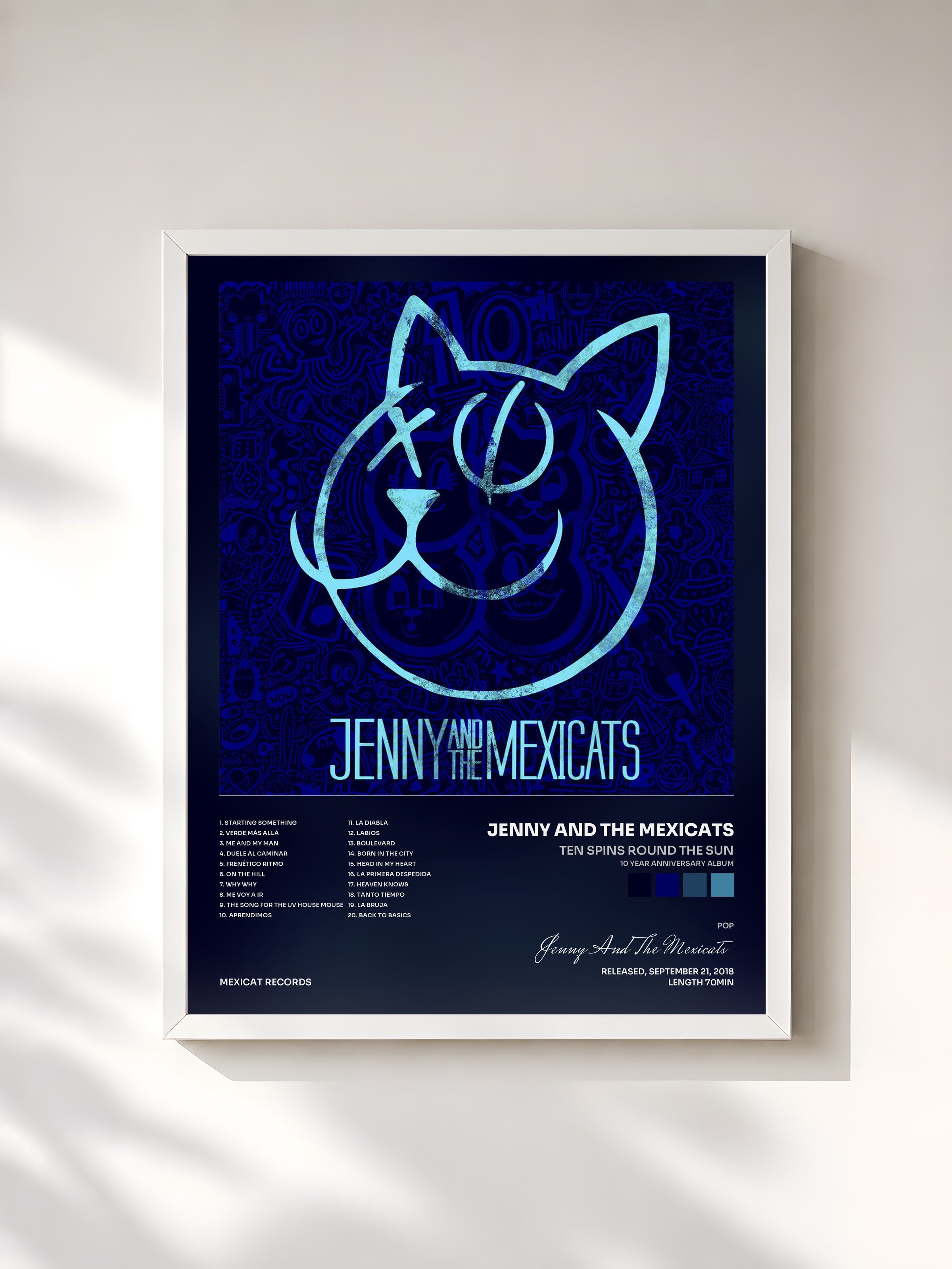 #blanc Tableau de l'album Ten Spins Round the Sun (10 Year Anniversary Album) de Jenny And The Mexicats, cadre blanc, imprimé et encadré en France