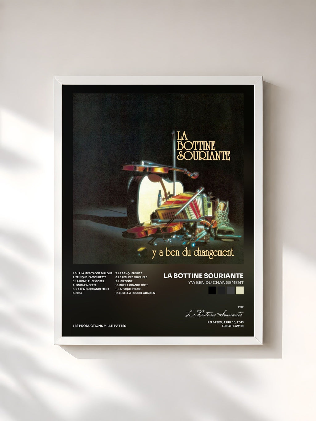 #blanc Y'a ben du changement by La Bottine Souriante as a framed art print, white frame, printed and framed in France