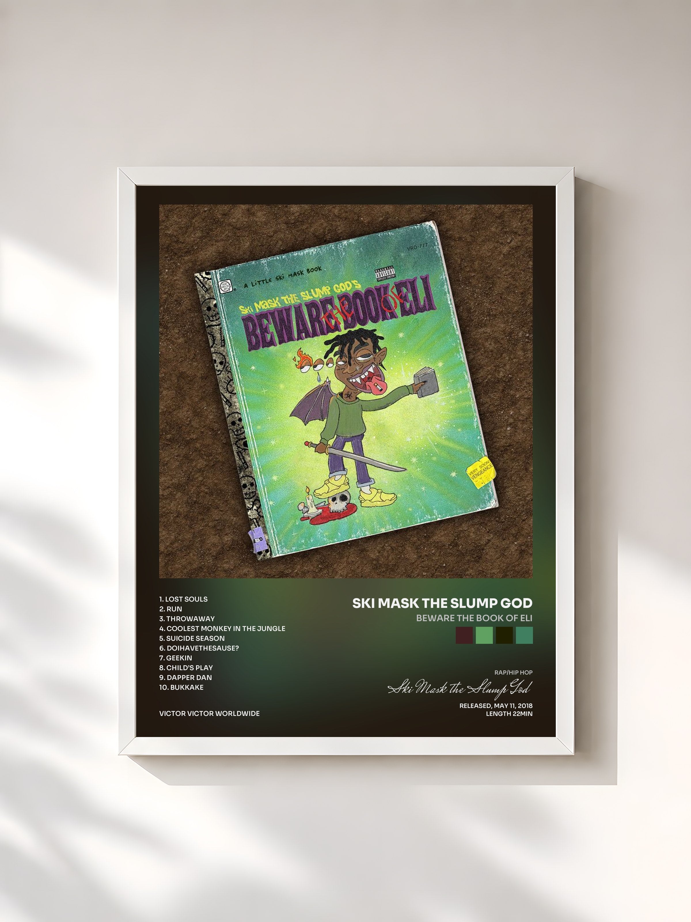 #blanc Tableau de l'album BEWARE THE BOOK OF ELI de Ski Mask the Slump God, cadre blanc, imprimé et encadré en France