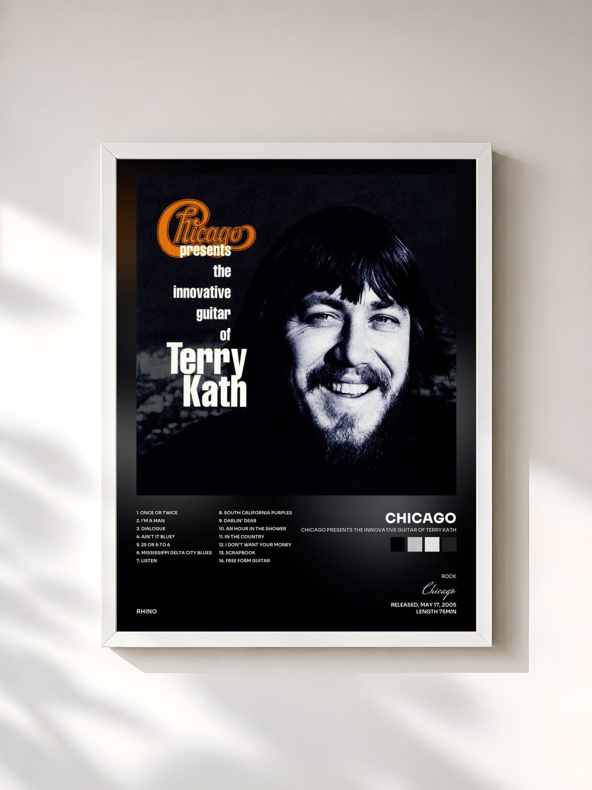 #blanc Chicago Presents the Innovative Guitar of Terry Kath de Chicago en lámina enmarcada, marco blanco, impresa y enmarcada en Francia