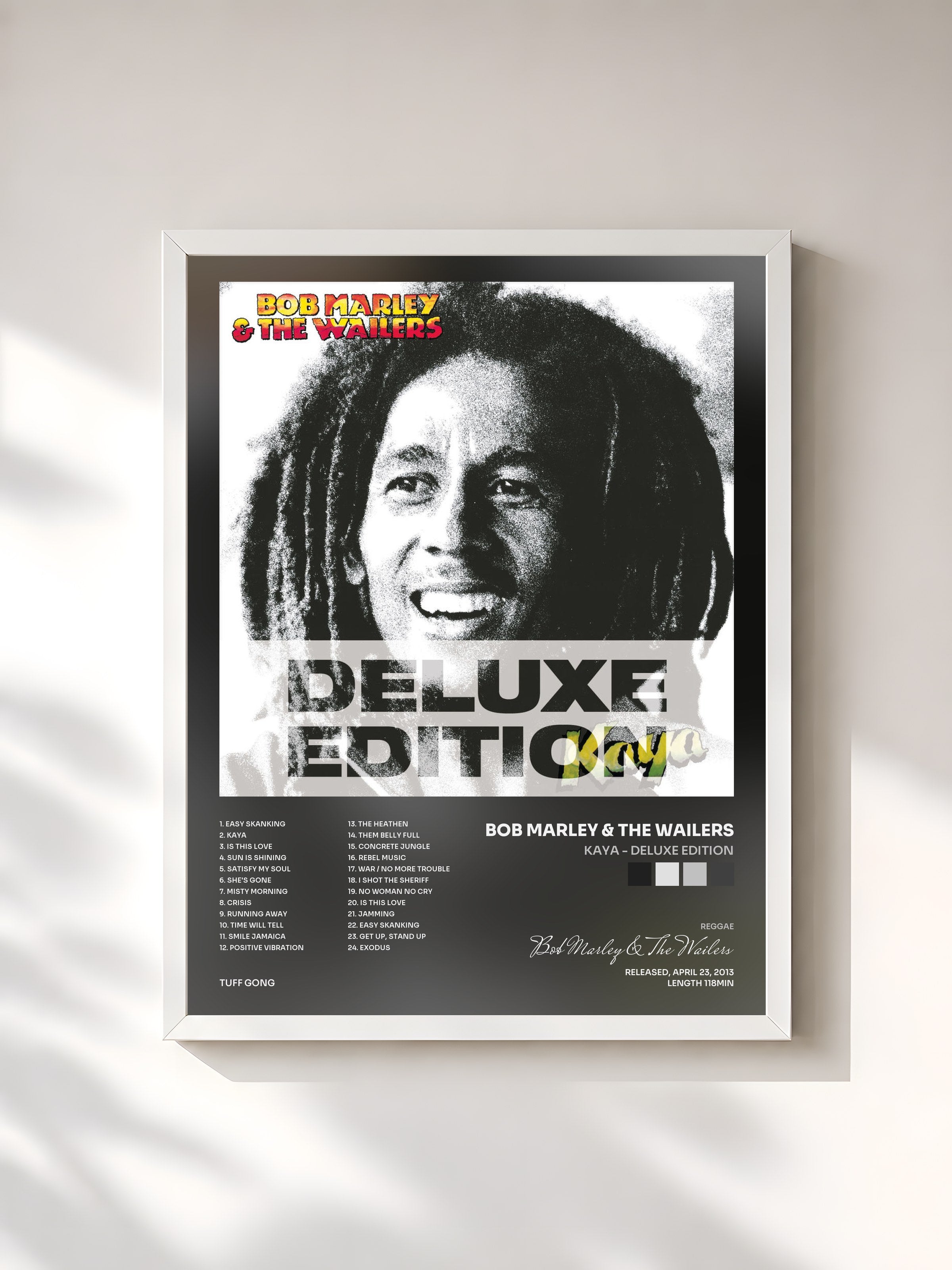 #blanc Tableau de l'album Kaya - Deluxe Edition de Bob Marley & The Wailers, cadre blanc, imprimé et encadré en France