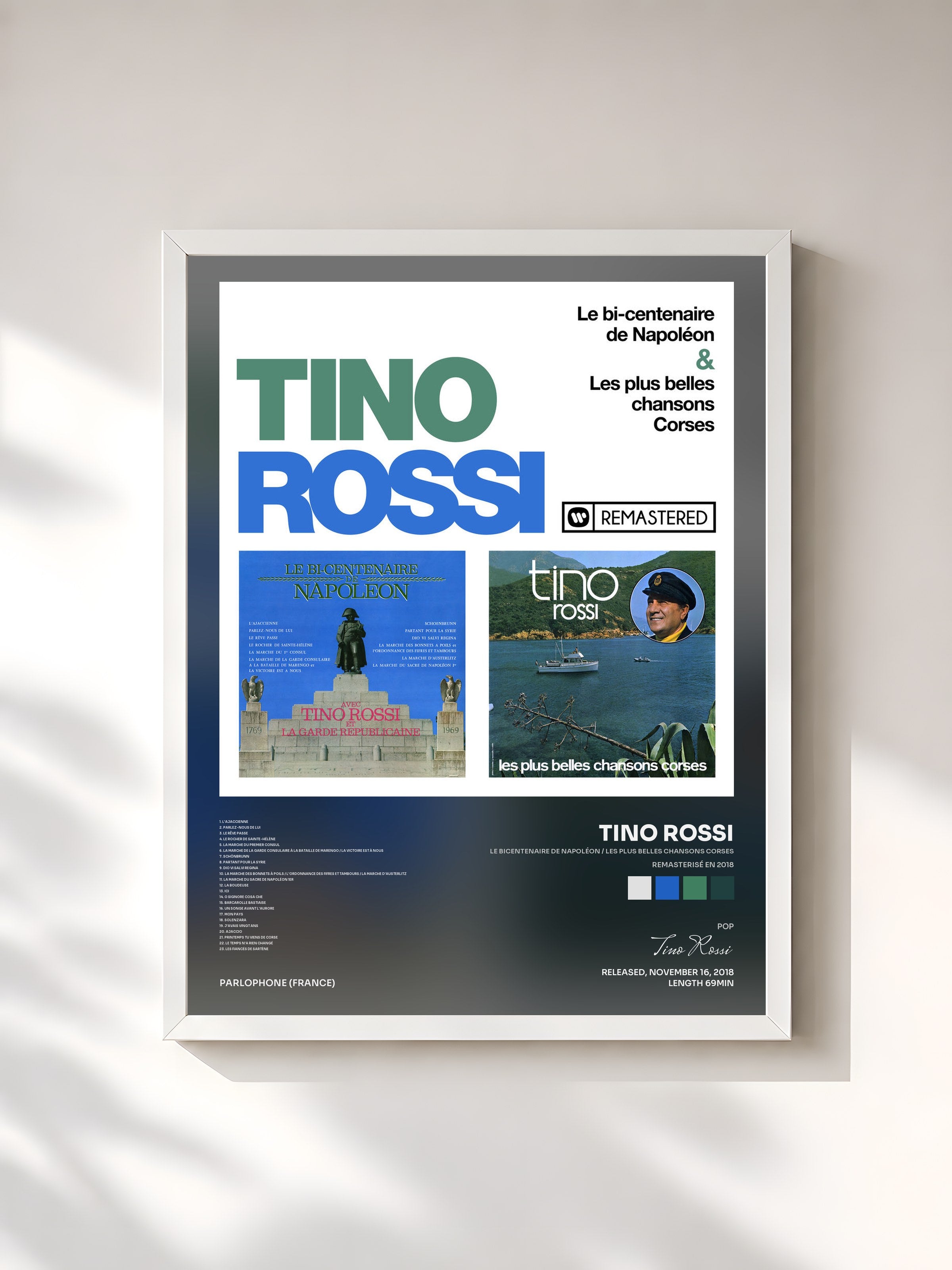 #blanc Tableau de l'album Le bicentenaire de Napoléon / Les plus belles chansons corses (Remasterisé en 2018) de Tino Rossi, cadre blanc, imprimé et encadré en France