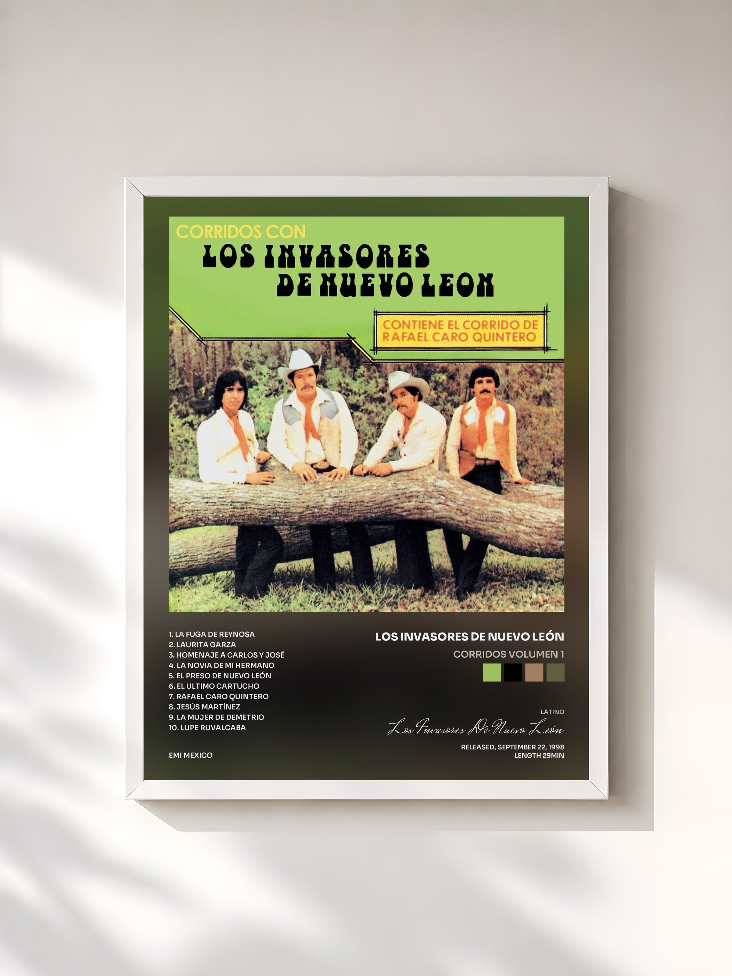 #blanc Tableau de l'album Corridos Volumen 1 de Los Invasores De Nuevo León, cadre blanc, imprimé et encadré en France