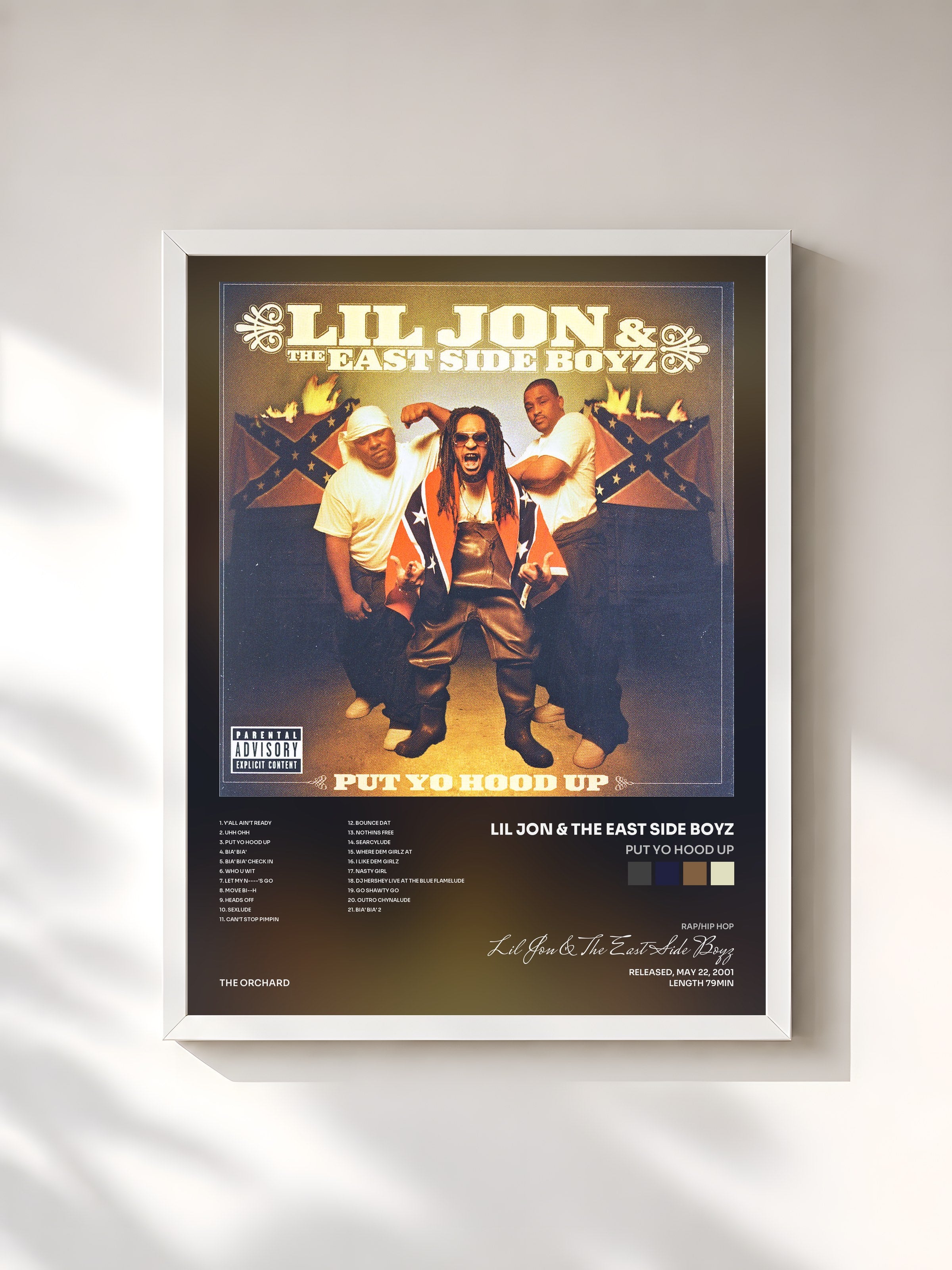 #blanc Tableau de l'album Put Yo Hood Up de Lil Jon & The East Side Boyz, cadre blanc, imprimé et encadré en France