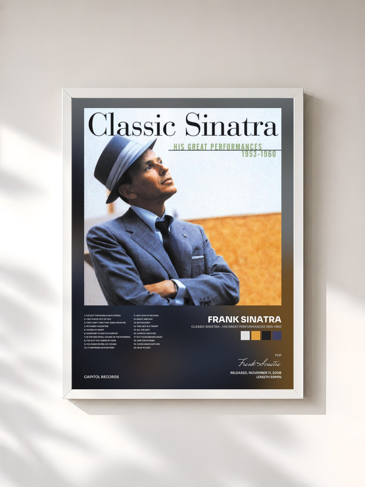 #blanc Tableau de l'album Classic Sinatra - His Great Performances 1953-1960 de Frank Sinatra, cadre blanc, imprimé et encadré en France