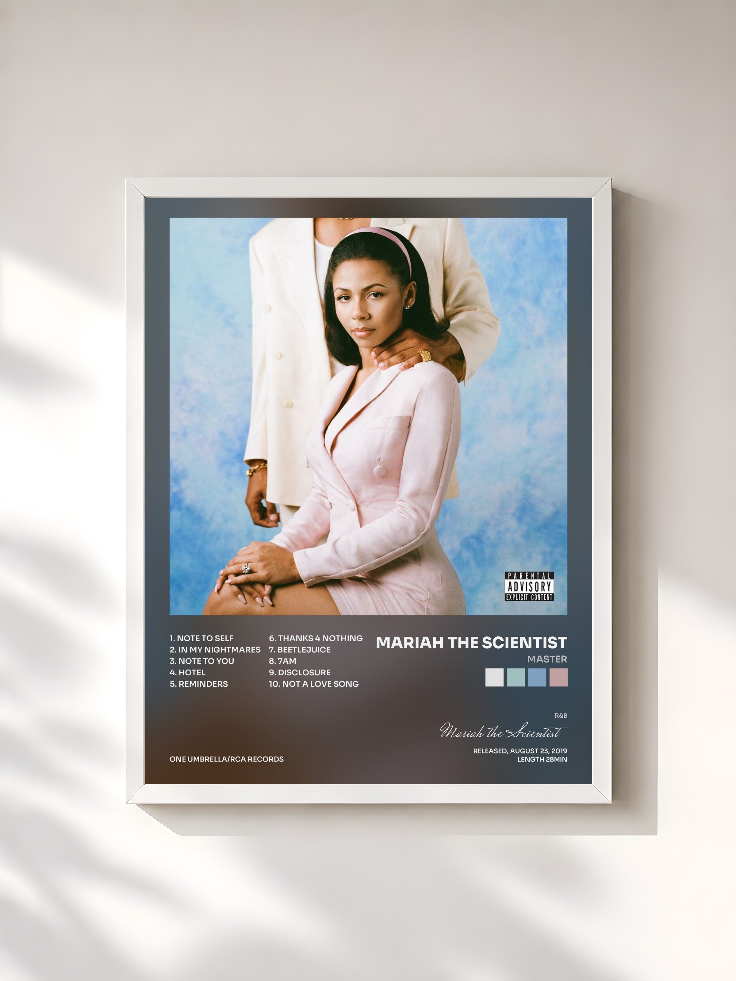 #blanc Tableau de l'album MASTER de Mariah the Scientist, cadre blanc, imprimé et encadré en France