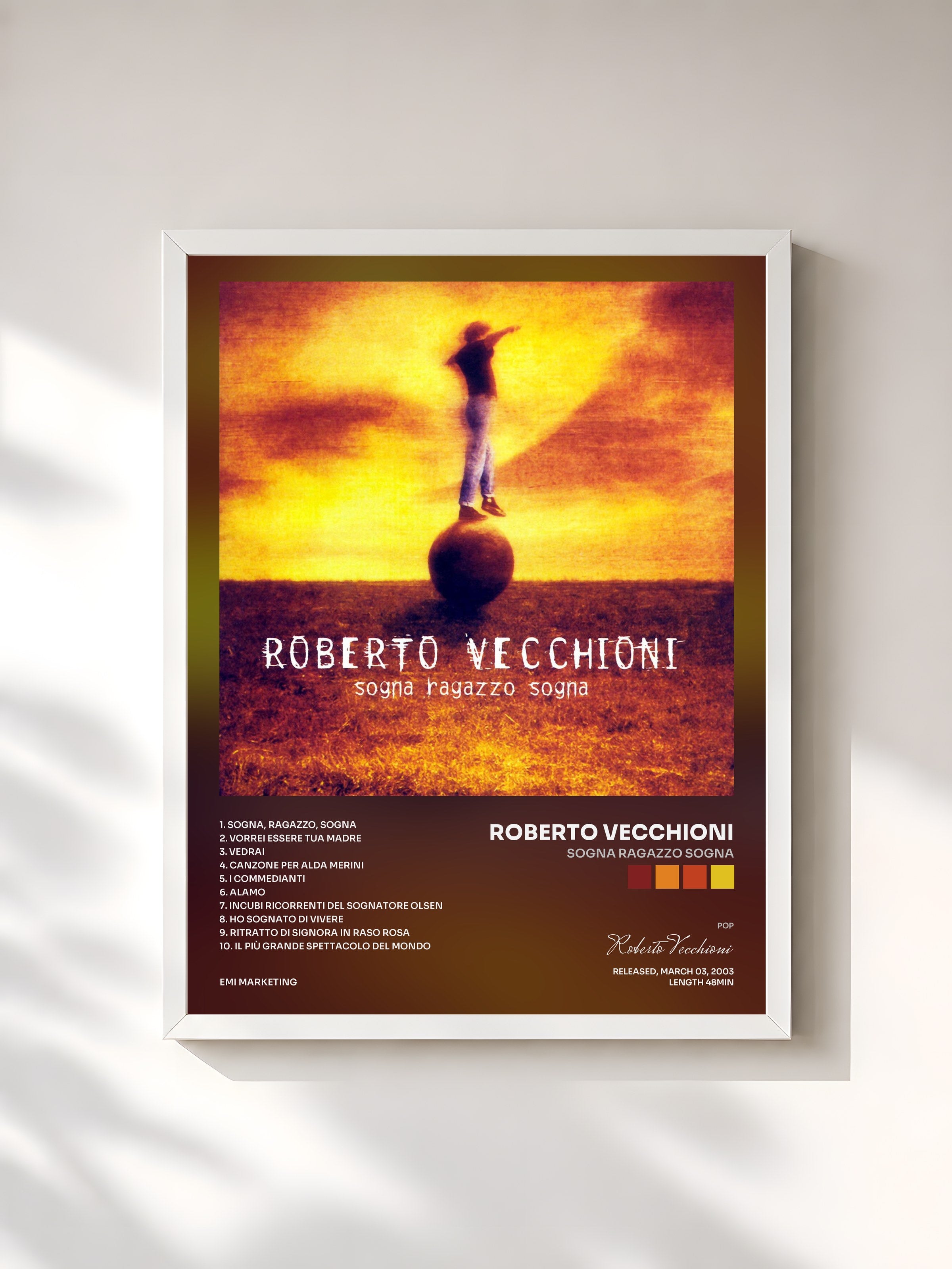 #blanc Tableau de l'album Sogna Ragazzo Sogna de Roberto Vecchioni, cadre blanc, imprimé et encadré en France