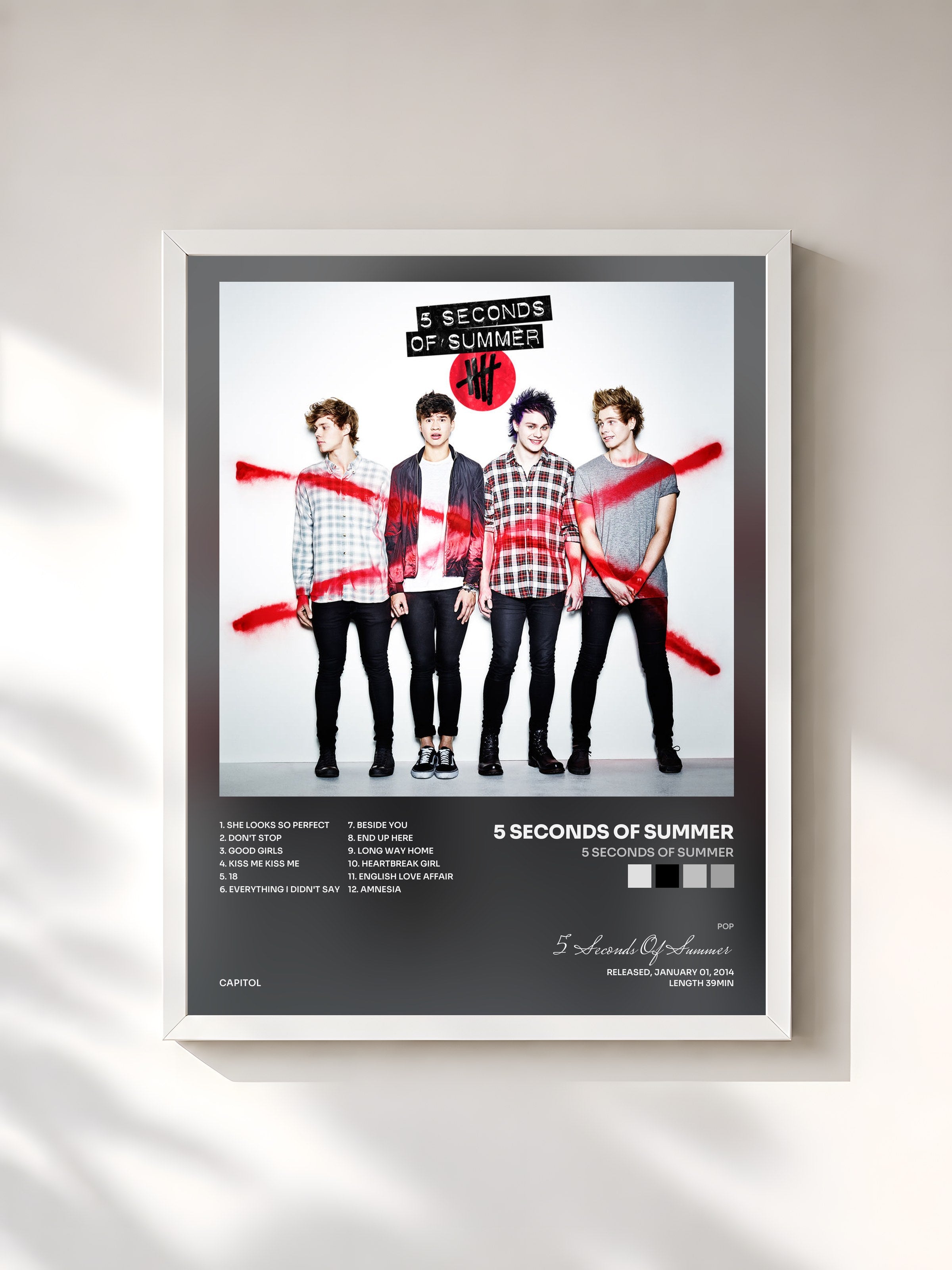 #blanc Tableau de l'album 5 Seconds Of Summer de 5 Seconds Of Summer, cadre blanc, imprimé et encadré en France