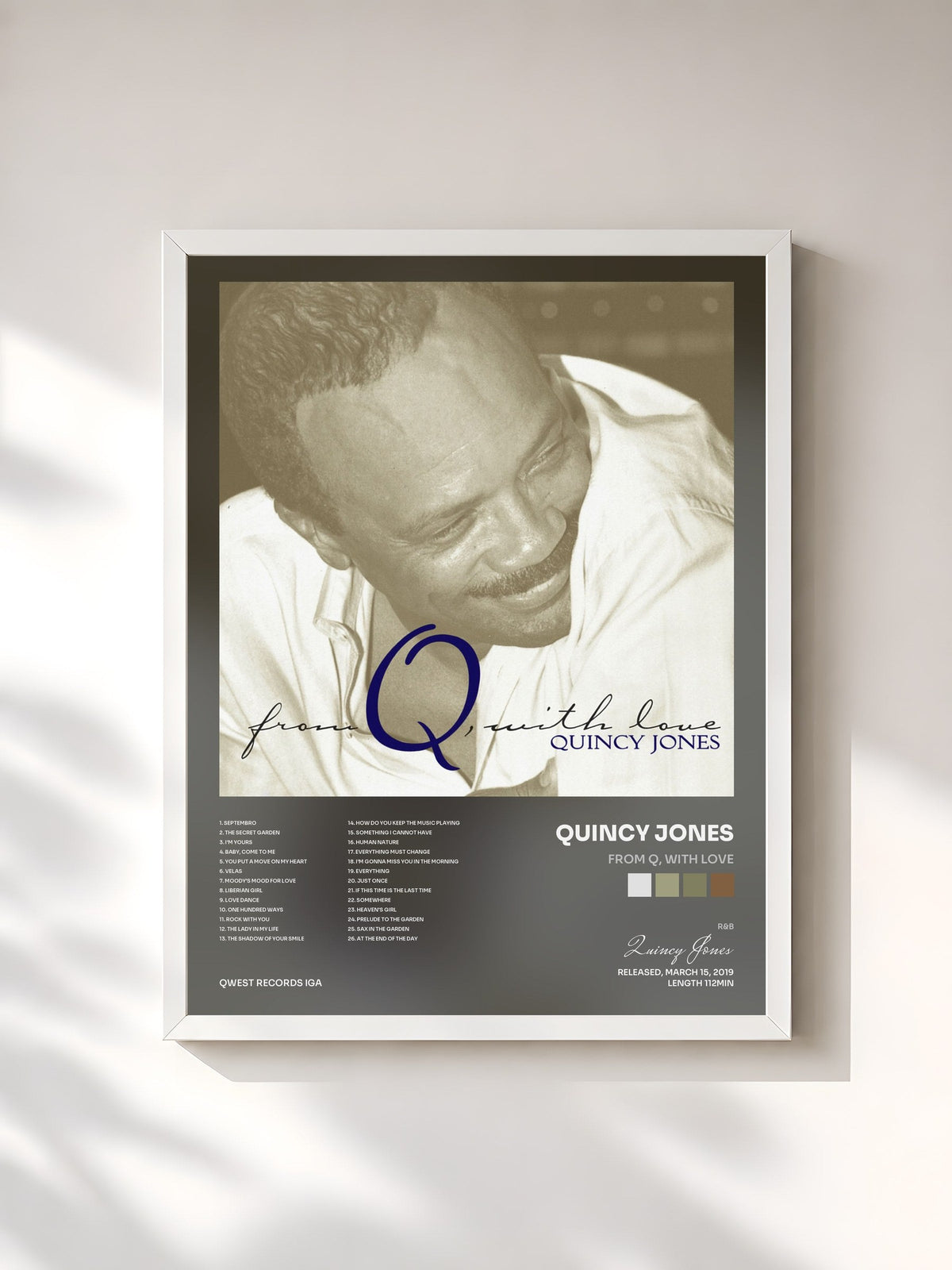 #blanc Tableau de l'album From Q, With Love de Quincy Jones, cadre blanc, imprimé et encadré en France