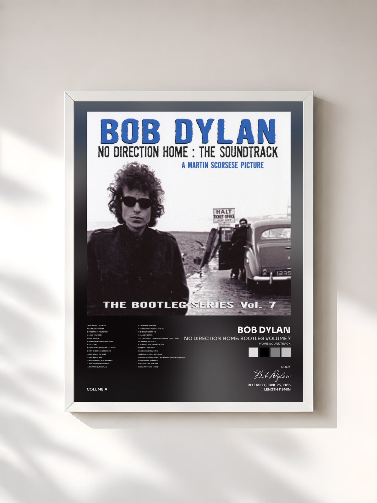 #blanc Tableau de l'album No Direction Home: Bootleg Volume 7 (Movie Soundtrack) de Bob Dylan, cadre blanc, imprimé et encadré en France