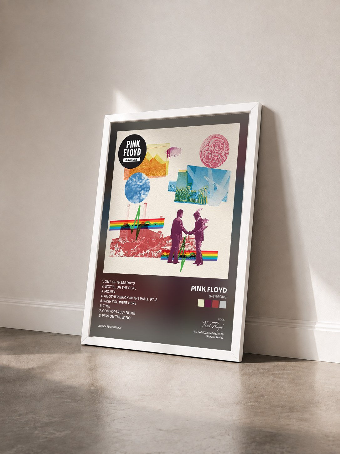 #blanc Tableau de l'album 8-Tracks de Pink Floyd vu de trois quarts, cadre blanc