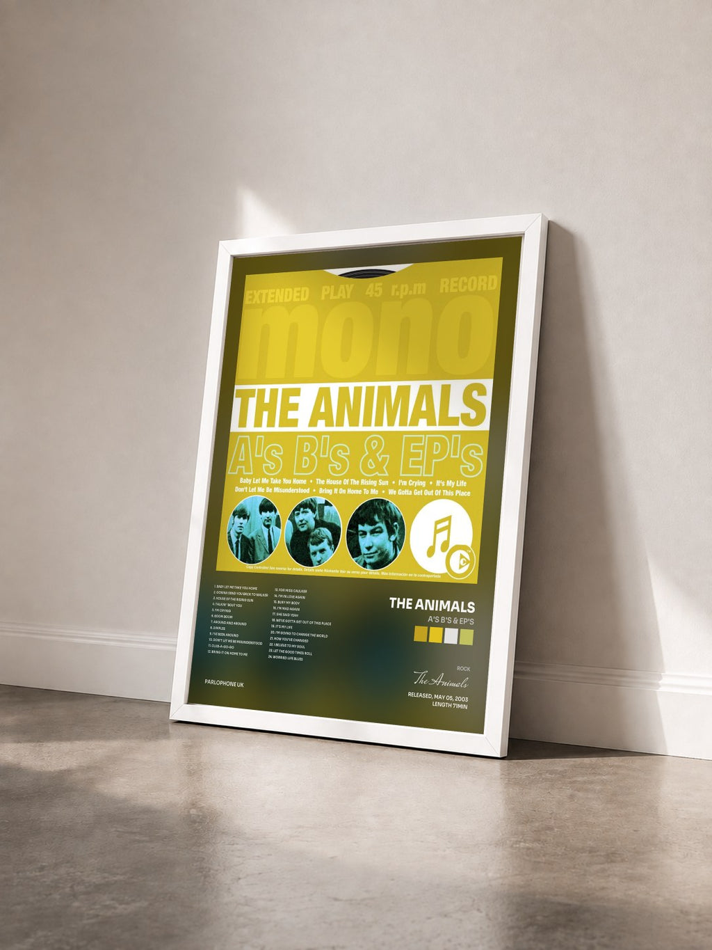 #blanc Tableau de l'album A's B's & EP's de The Animals vu de trois quarts, cadre blanc