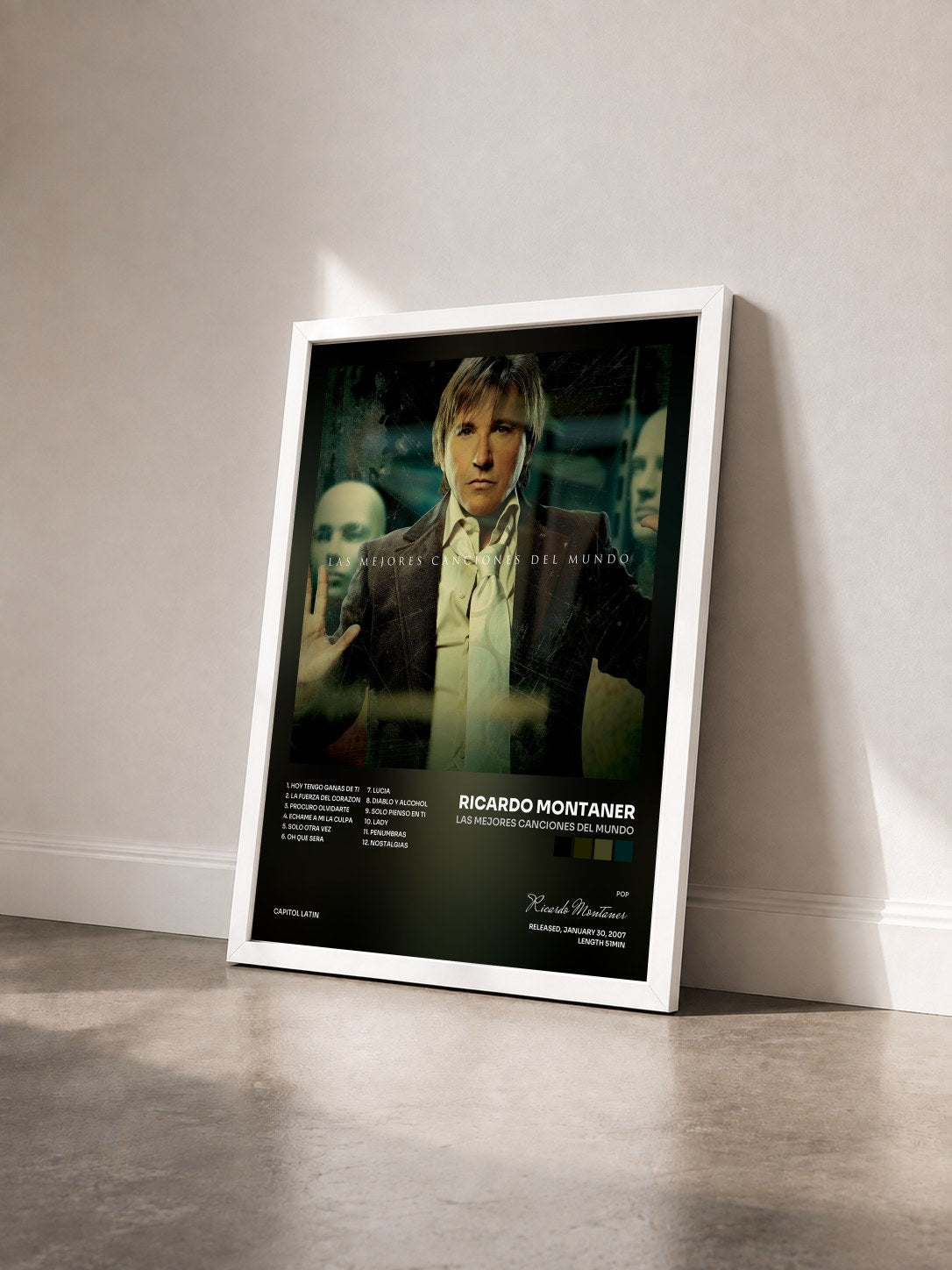 #blanc Tableau de l'album Las Mejores Canciones Del Mundo de Ricardo Montaner vu de trois quarts, cadre blanc