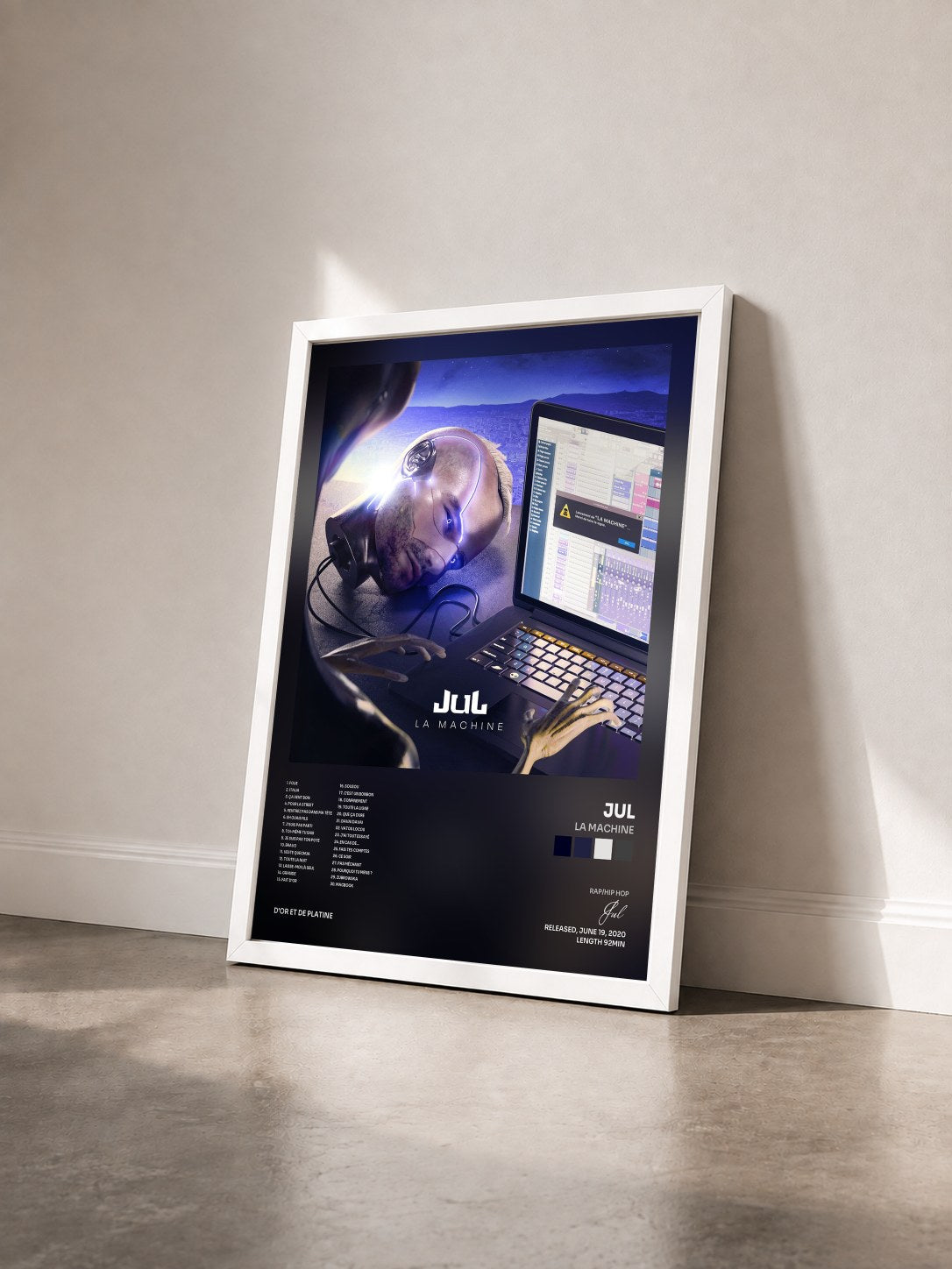 #blanc Tableau de l'album La machine de Jul vu de trois quarts, cadre blanc
