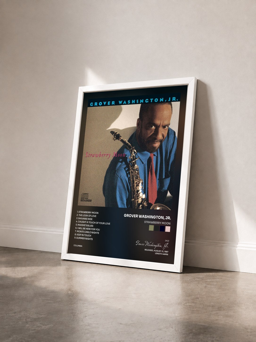 #blanc Tableau de l'album Strawberry Moon de Grover Washington, Jr. vu de trois quarts, cadre blanc
