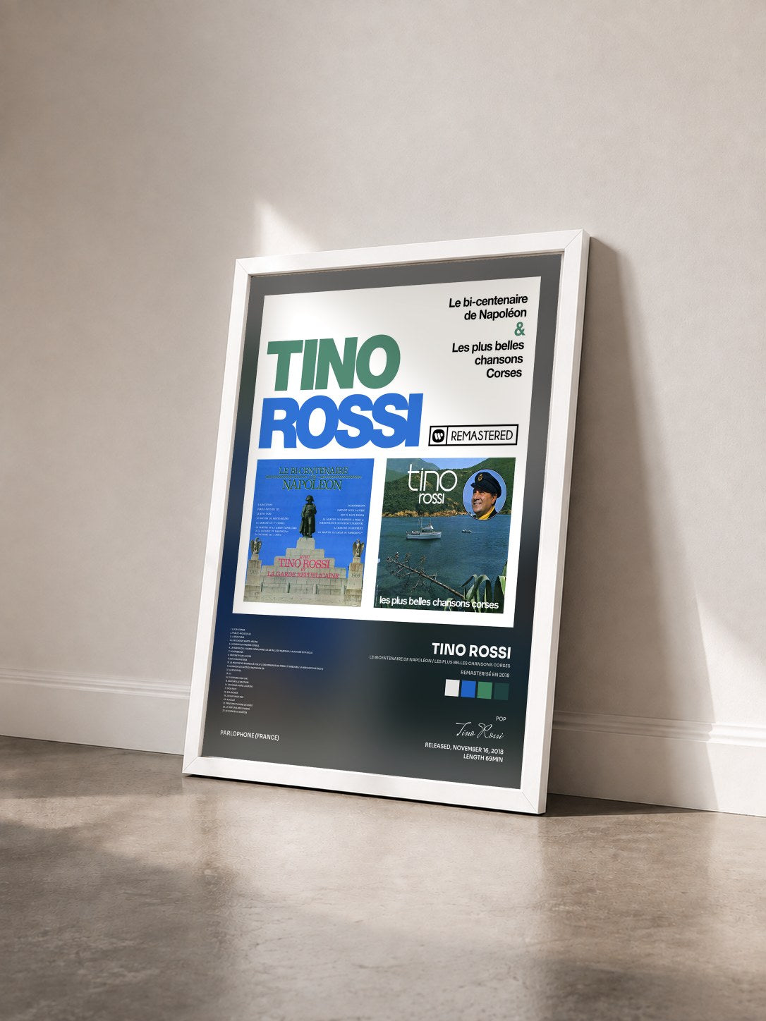 #blanc Tableau de l'album Le bicentenaire de Napoléon / Les plus belles chansons corses (Remasterisé en 2018) de Tino Rossi vu de trois quarts, cadre blanc