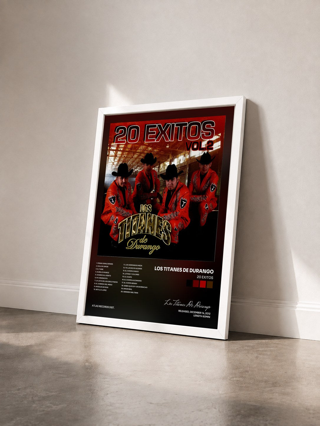 #blanc Tableau de l'album 20 Exitos de Los Titanes De Durango vu de trois quarts, cadre blanc