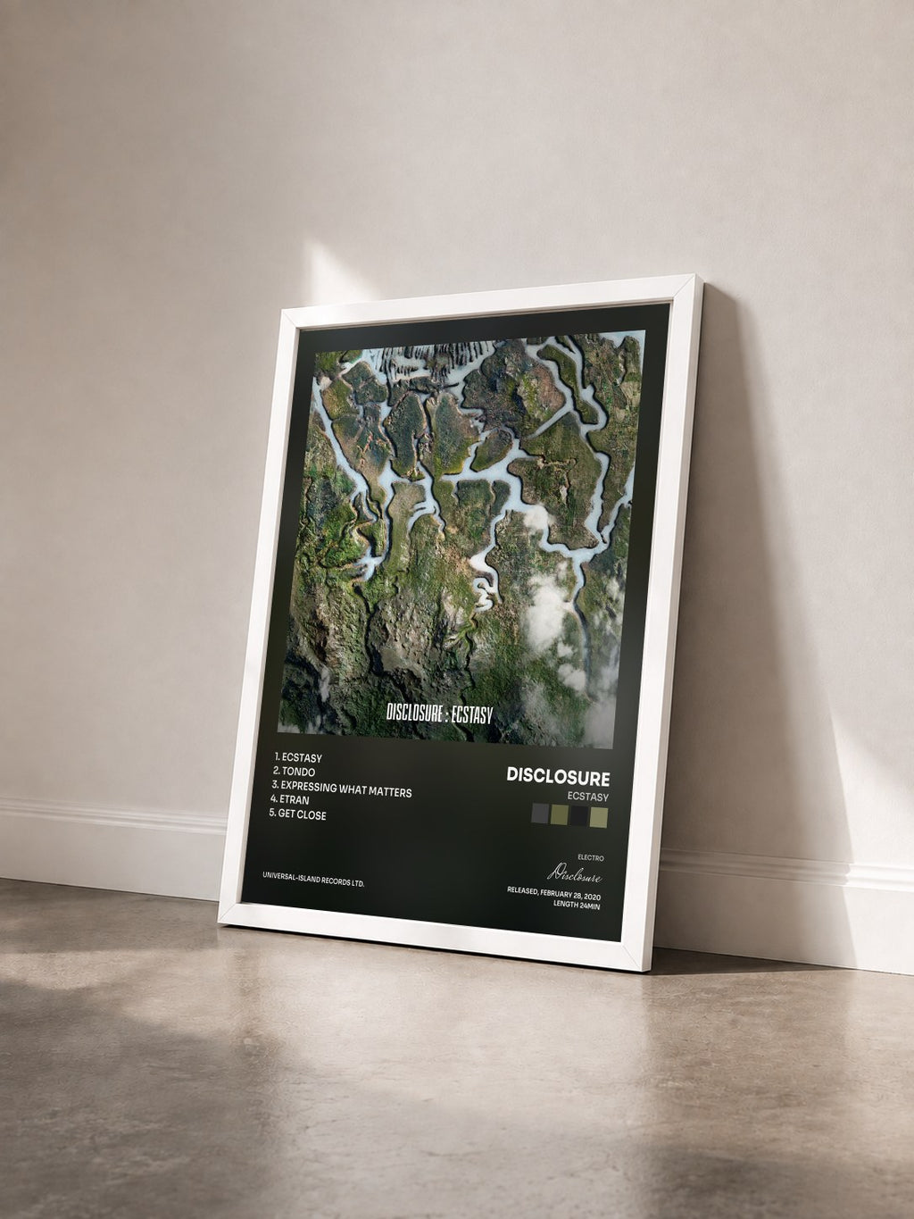 #blanc Tableau de l'album Ecstasy de Disclosure vu de trois quarts, cadre blanc